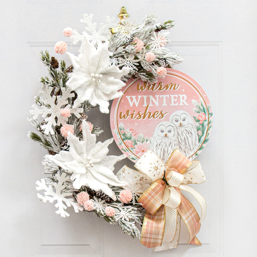 12" Metal Sign: Warm Winter Wishes White Owls Lifestyle Photo