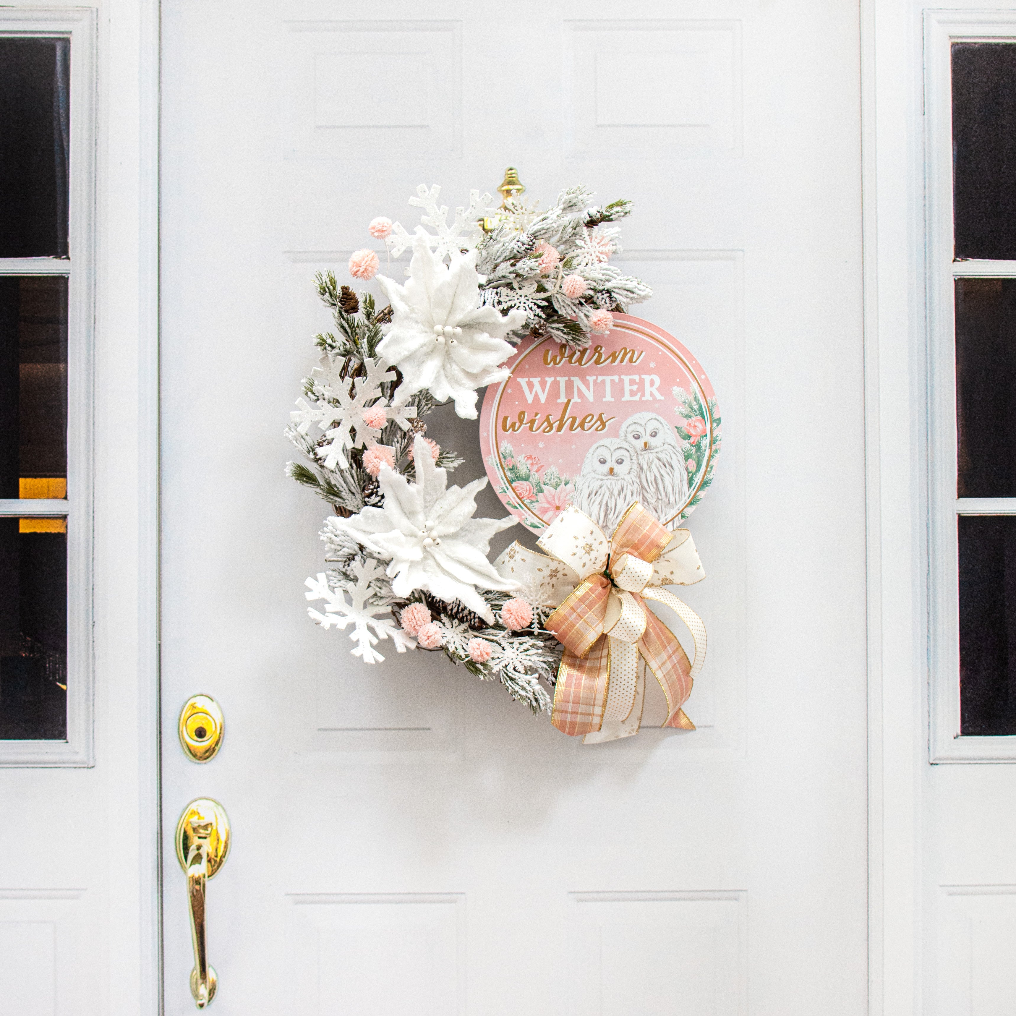 12" Metal Sign: Warm Winter Wishes White Owls detail photo 4