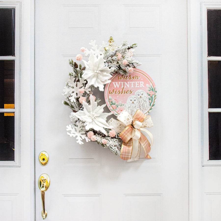 12" Metal Sign: Warm Winter Wishes White Owls detail photo 4