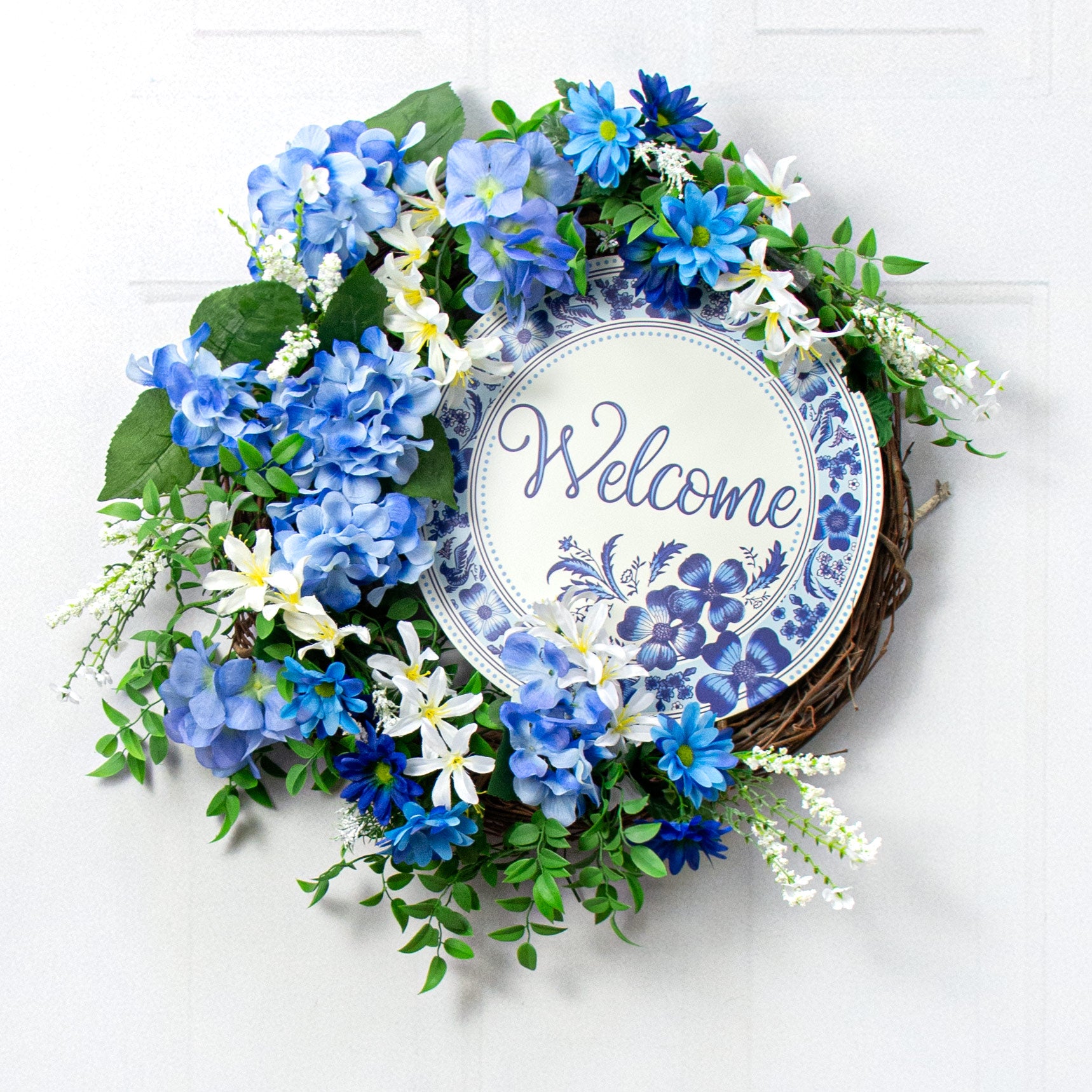 12" Metal Sign: Welcome Blue & White Floral Lifestyle Photo