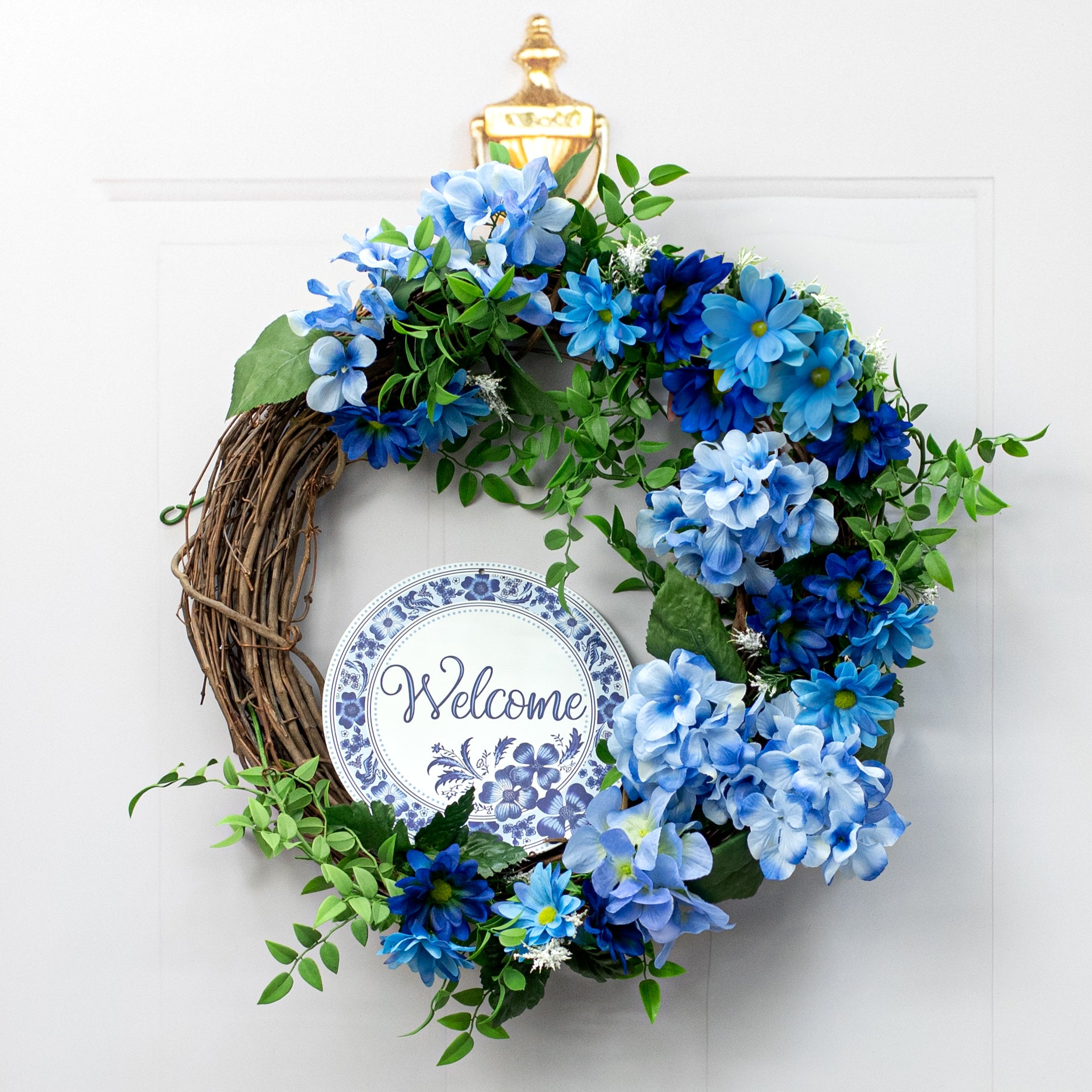 8" Metal Sign: Welcome Blue & White Floral Lifestyle Photo