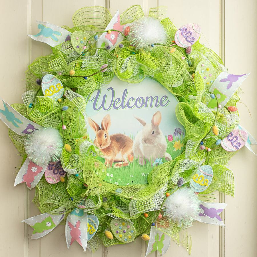 12" Metal Sign: Welcome With Bunnies Lifestyle Photo