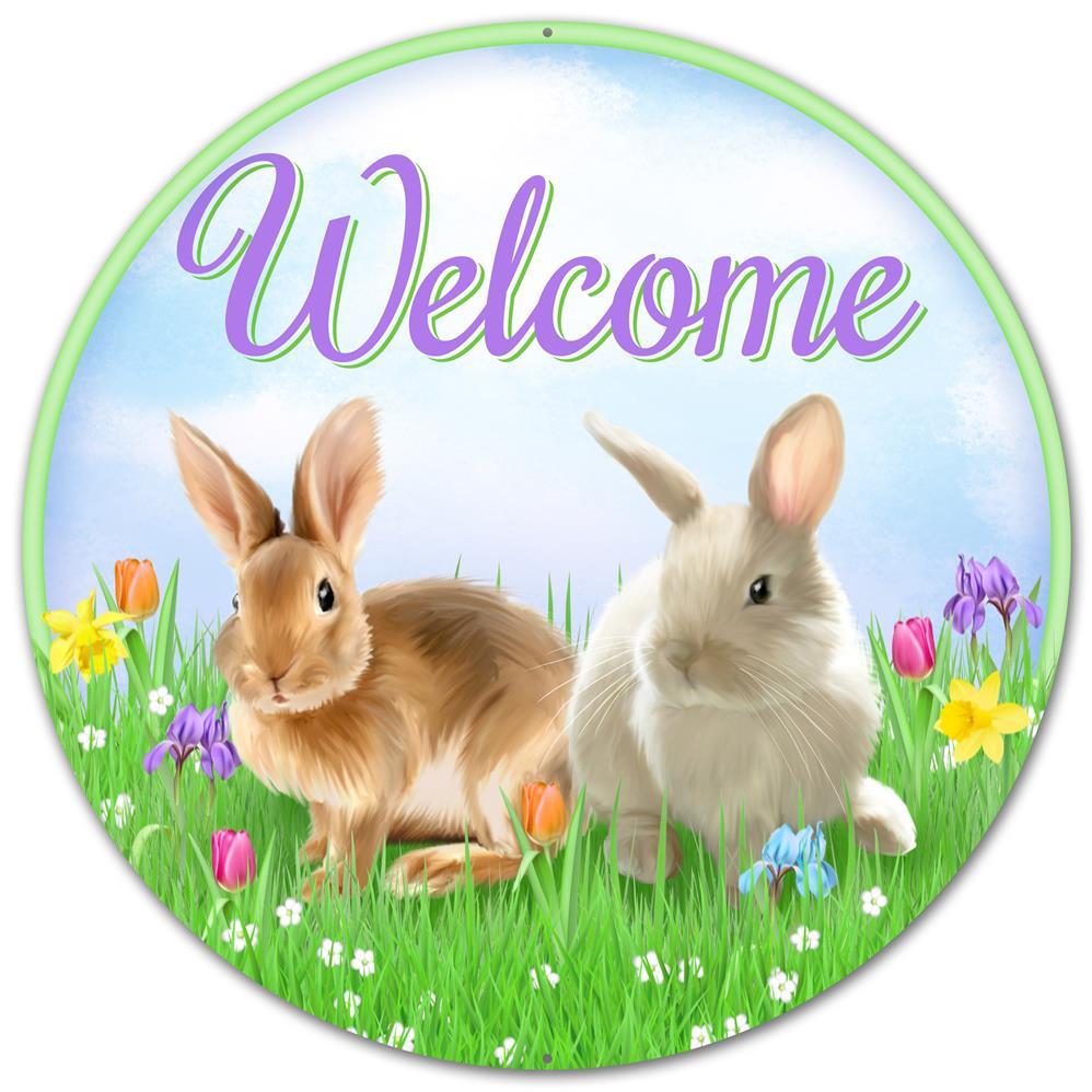 12" Metal Sign: Welcome With Bunnies Item Number: MD0450