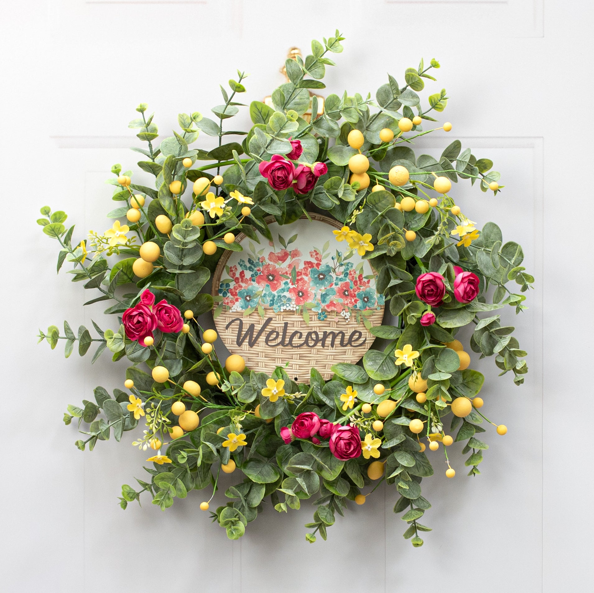 8" Metal Sign: Welcome Flower Basket Lifestyle Photo