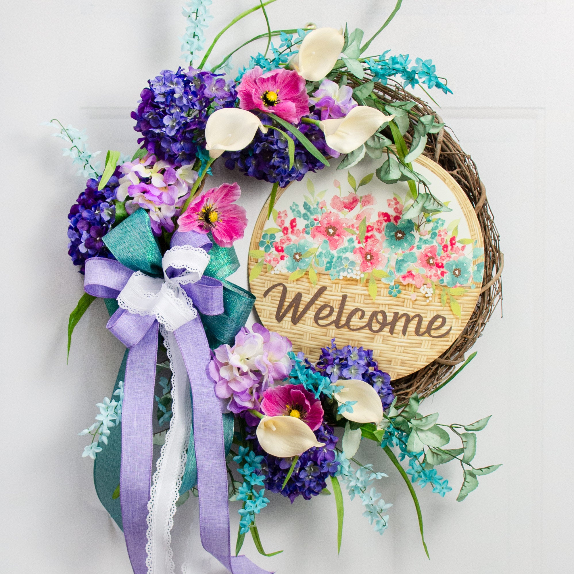 12" Metal Sign: Welcome Flower Basket Lifestyle Photo