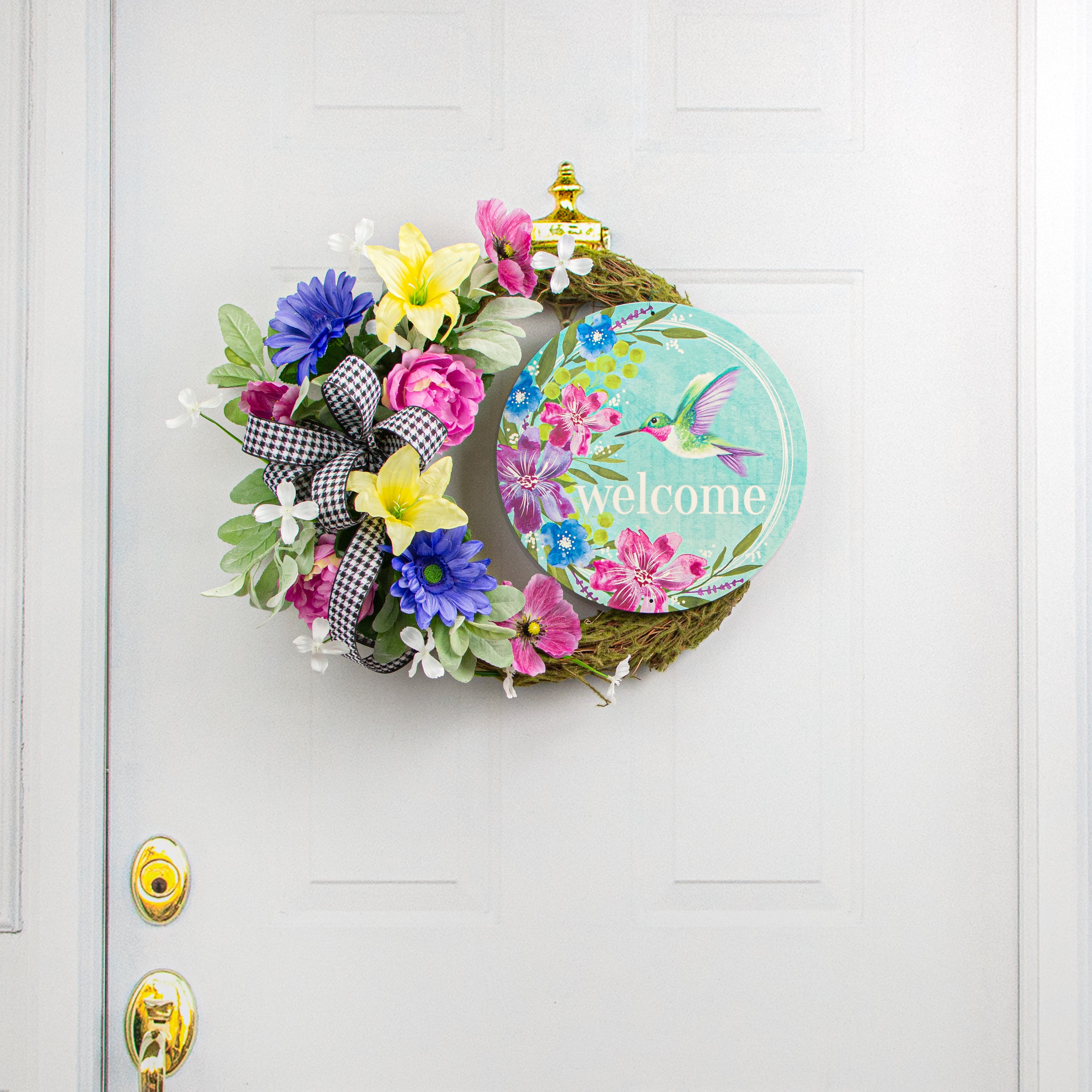 12" Metal Sign: Welcome Hummingbird Florals Lifestyle Photo