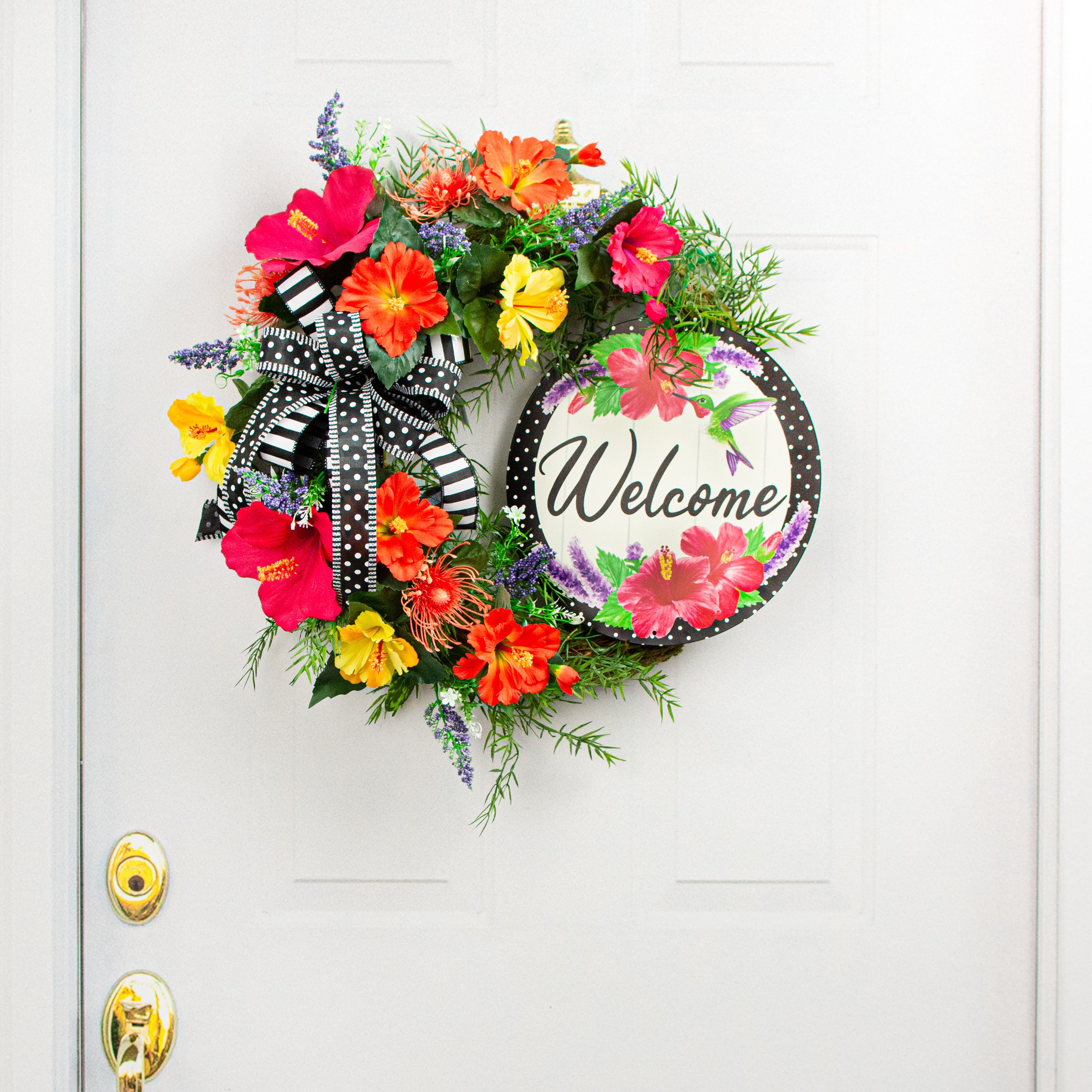 12" Metal Sign: Welcome Hummingbird Hibiscus Lifestyle Photo