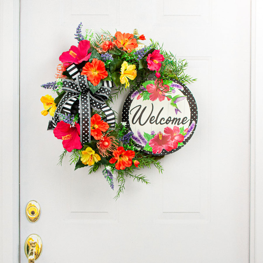 12" Metal Sign: Welcome Hummingbird Hibiscus Lifestyle Photo