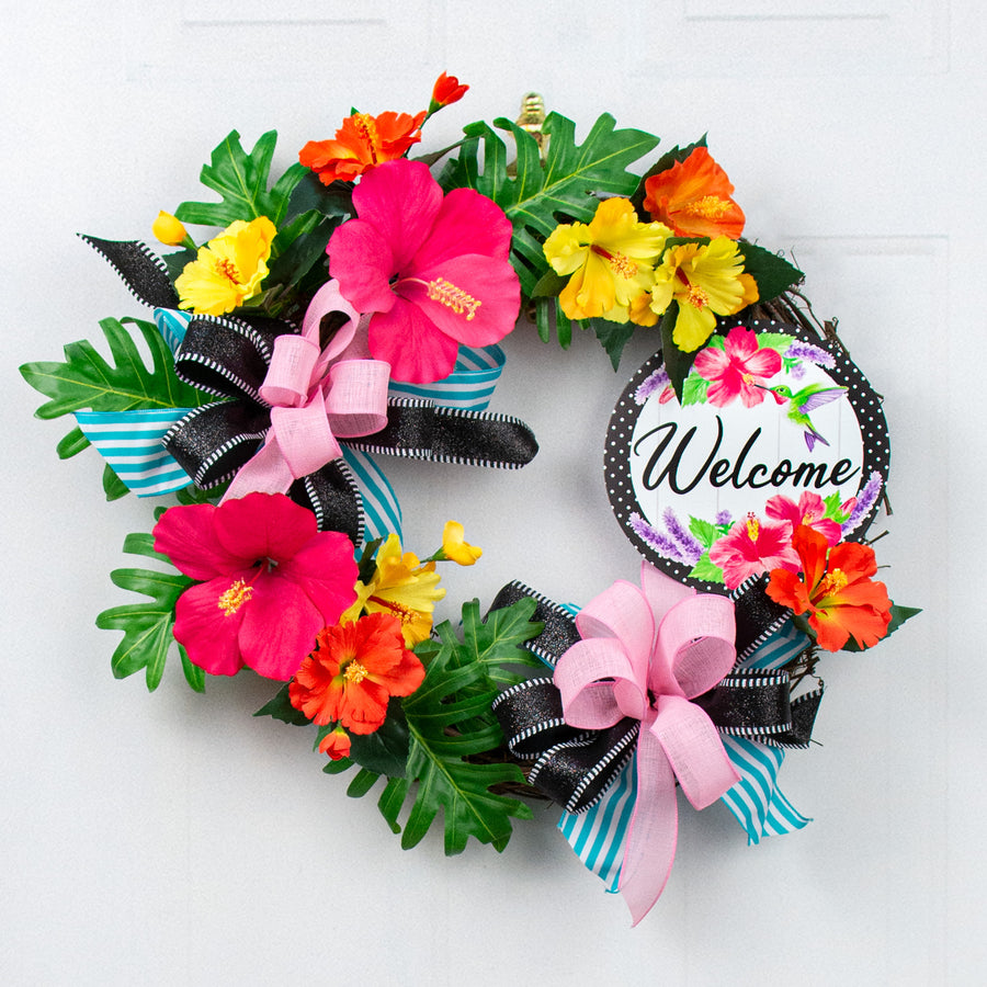 8" Metal Sign: Welcome, Hummingbird, Hibiscus Lifestyle Photo