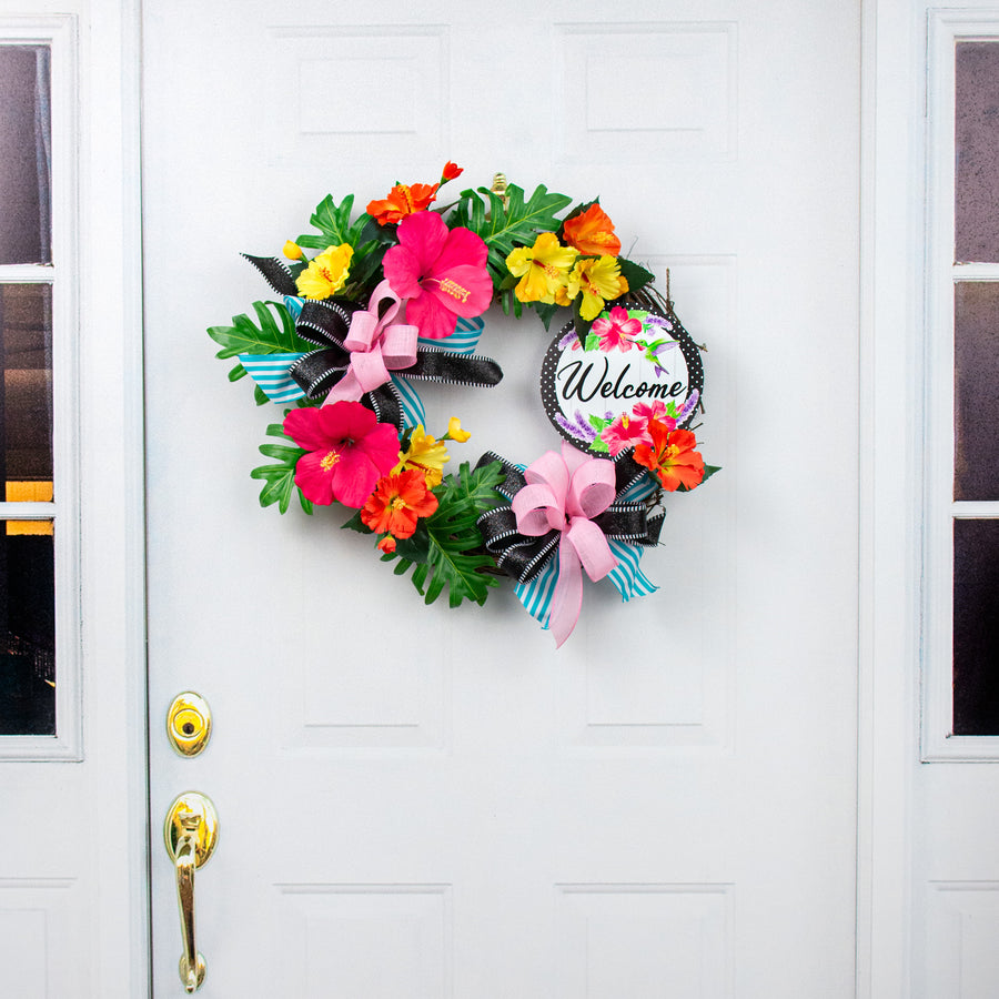8" Metal Sign: Welcome, Hummingbird, Hibiscus detail photo 4