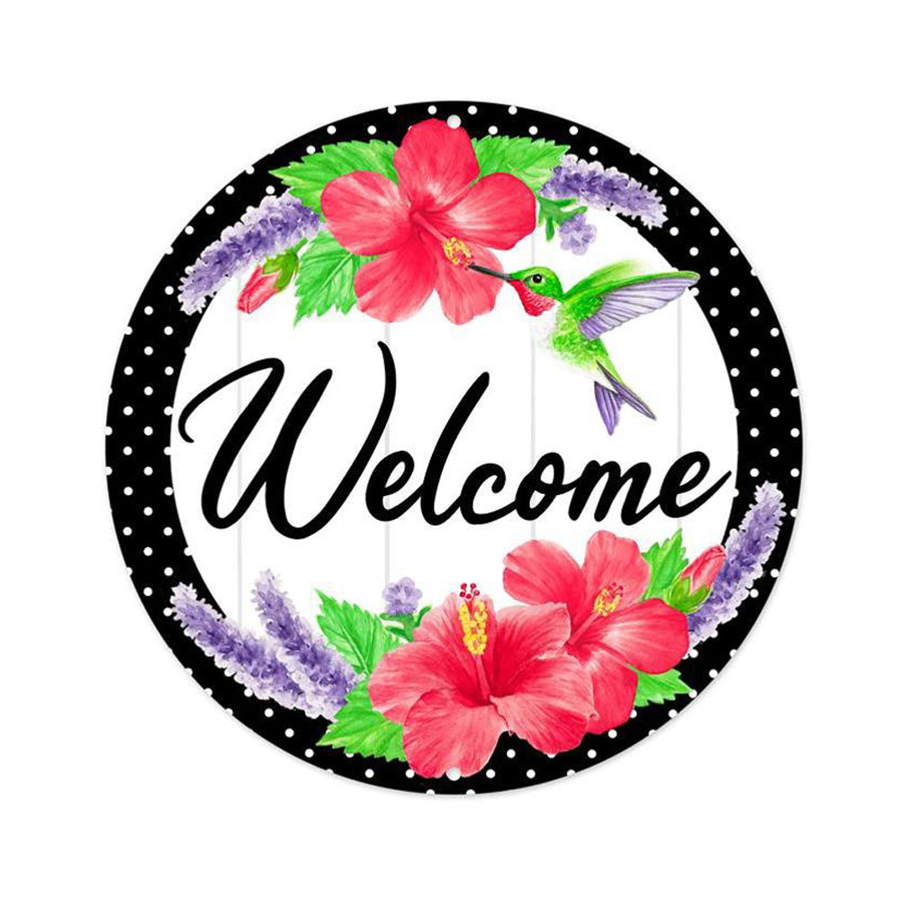 8" Metal Sign: Welcome, Hummingbird, Hibiscus Item Number: MD1127