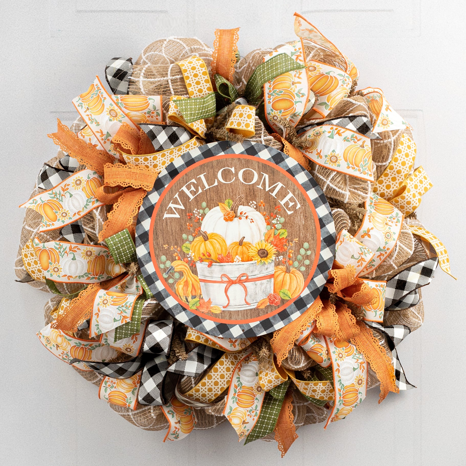 12" Metal Sign: Welcome Pumpkins Bucket on Check Lifestyle Photo