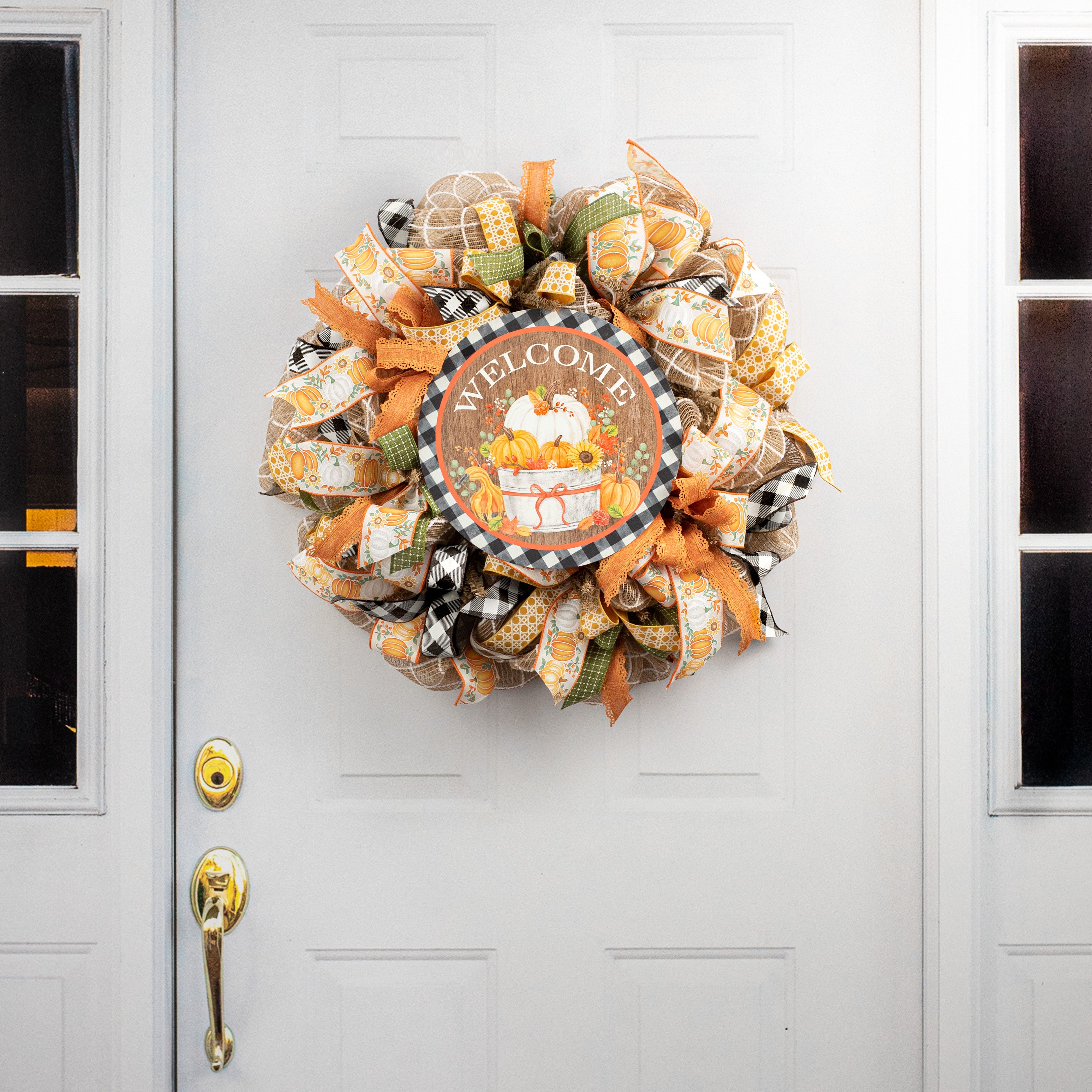 12" Metal Sign: Welcome Pumpkins Bucket on Check detail photo 4