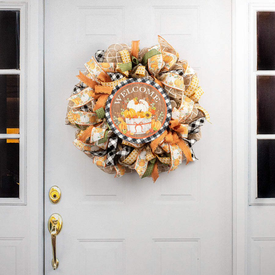 12" Metal Sign: Welcome Pumpkins Bucket on Check detail photo 4