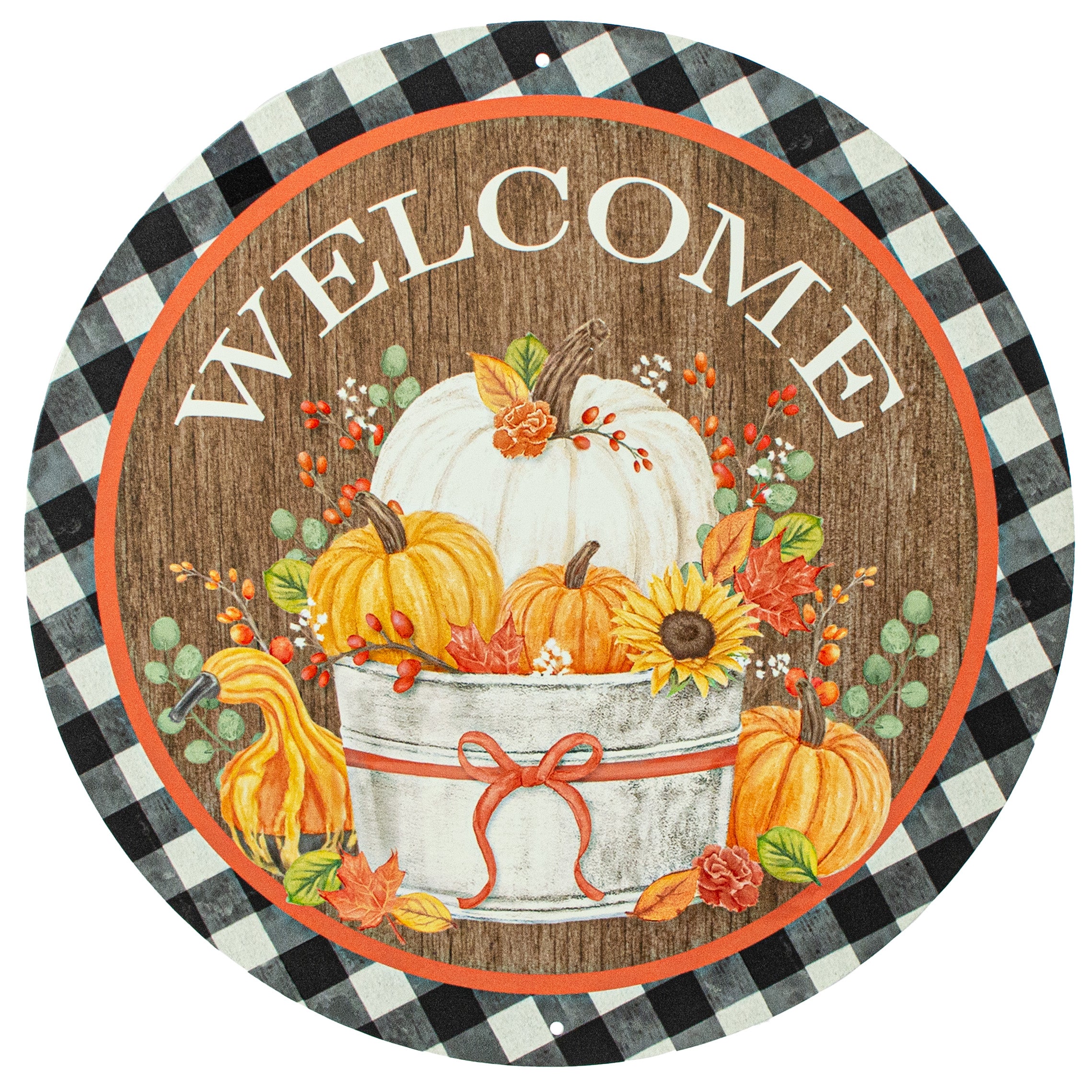 12" Metal Sign: Welcome Pumpkins Bucket on Check Item Number: MD1256