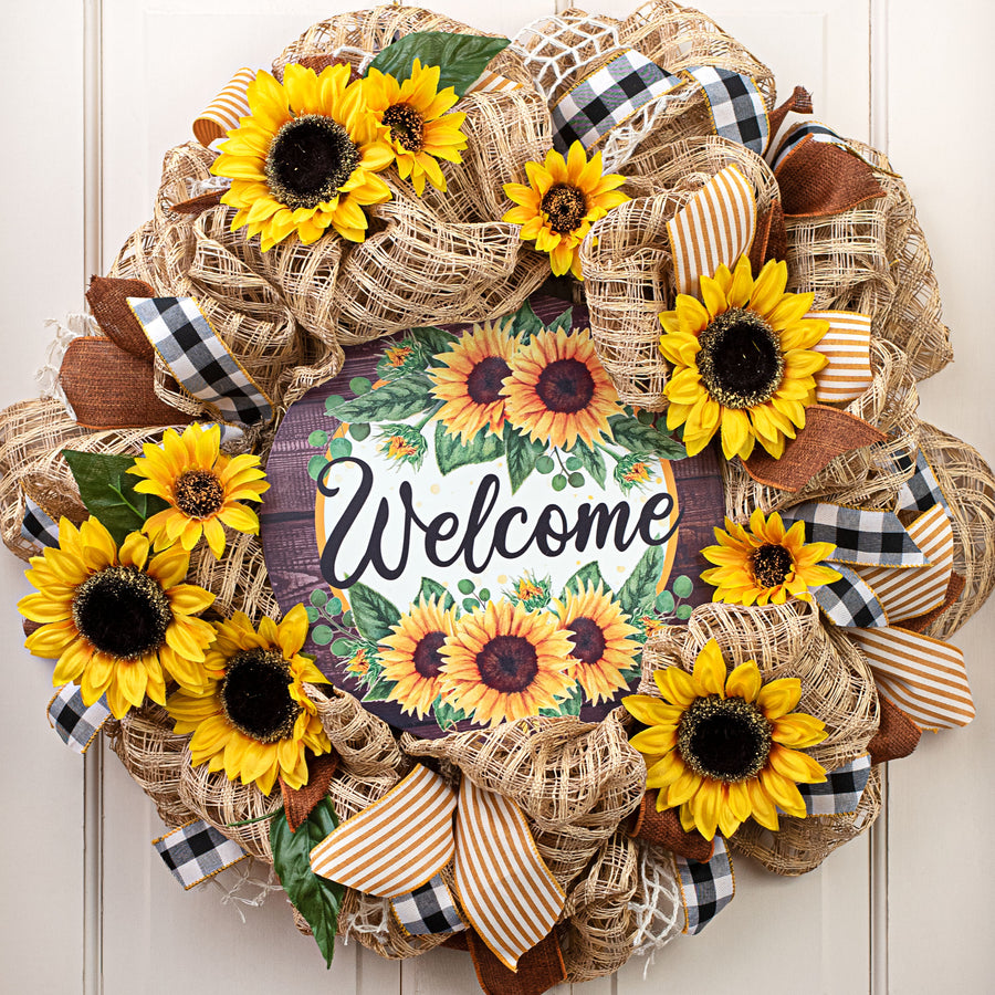 12" Metal Sign: Welcome Sunflower on Wood Lifestyle Photo