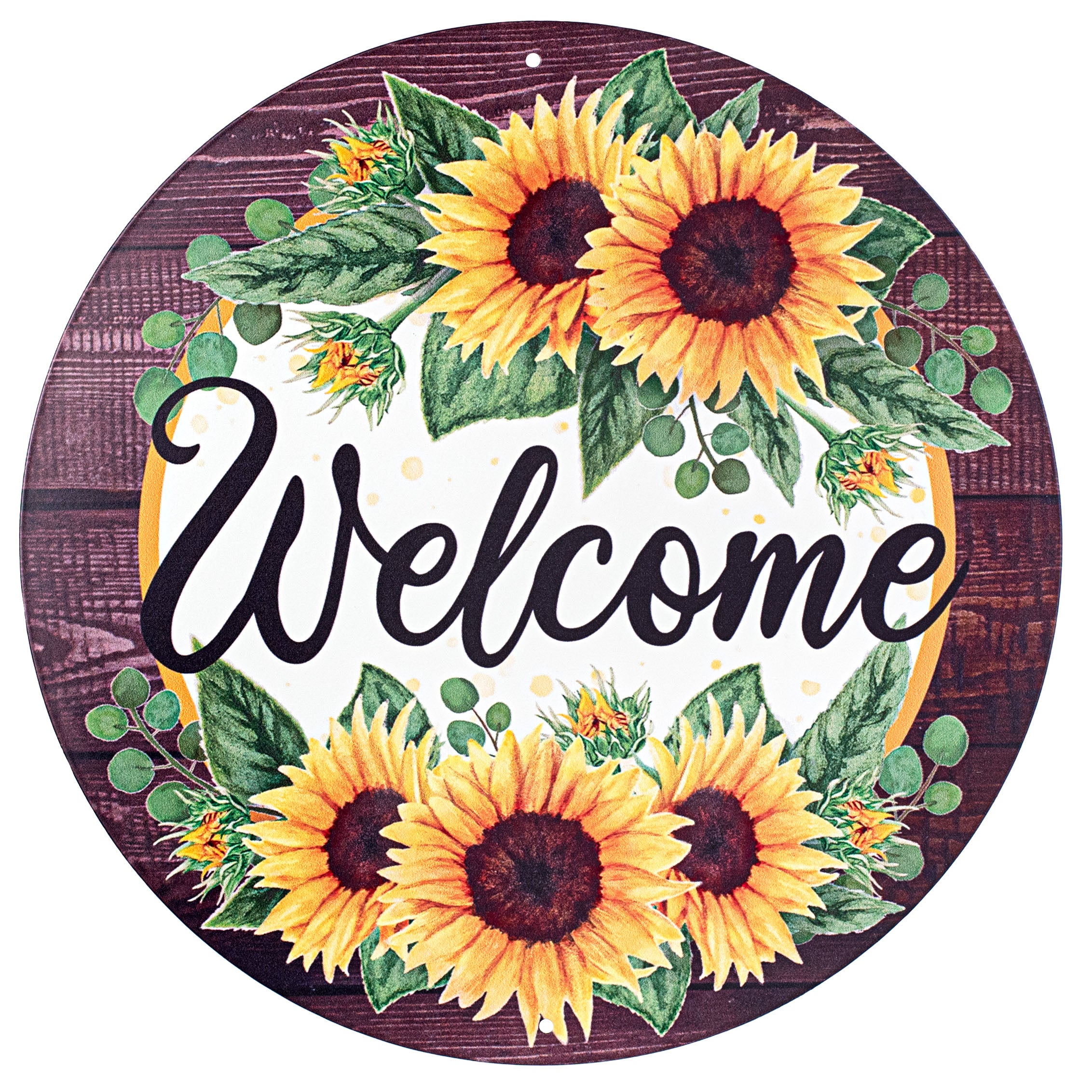 12" Metal Sign: Welcome Sunflower on Wood Item Number: MD0878
