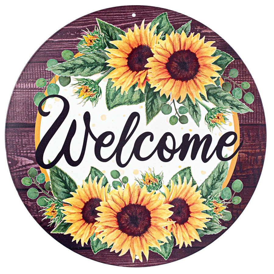 12" Metal Sign: Welcome Sunflower on Wood Item Number: MD0878