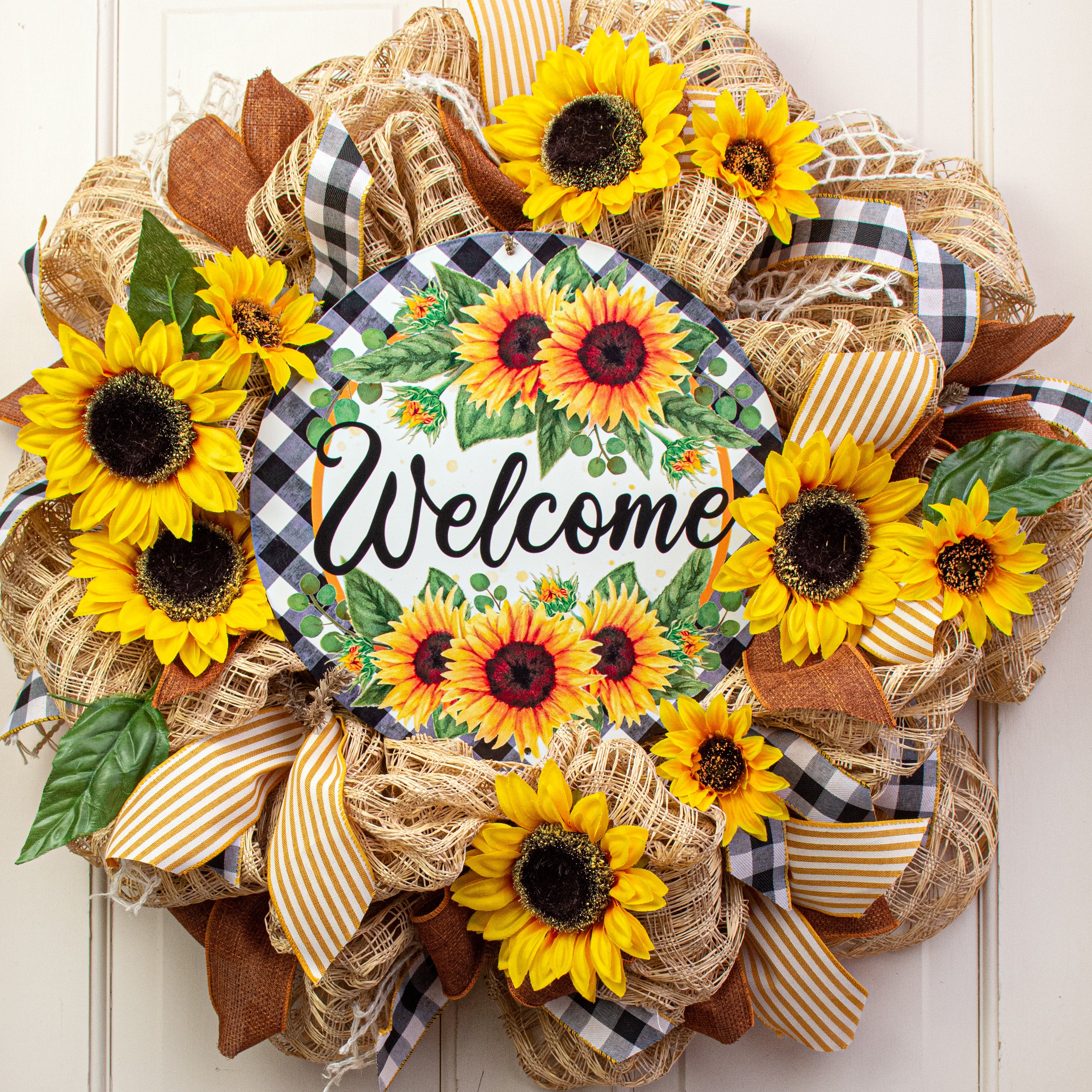 12" Metal Sign: Welcome Sunflowers on Gingham Lifestyle Photo