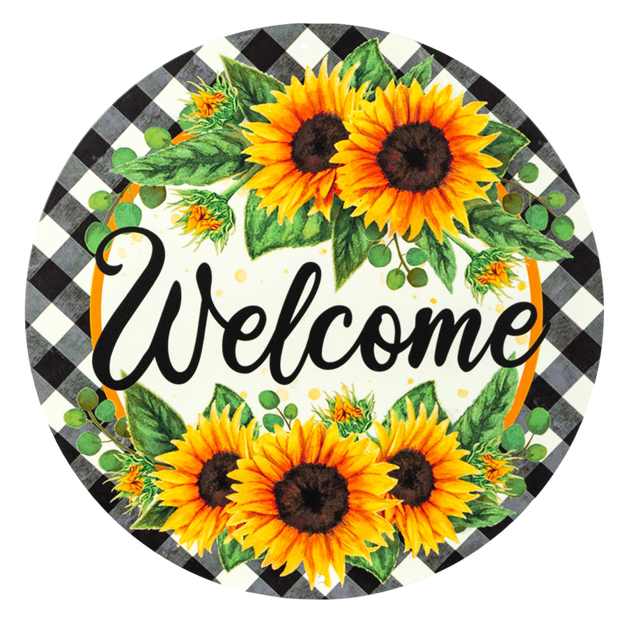 12" Metal Sign: Welcome Sunflowers on Gingham Item Number: MD0879