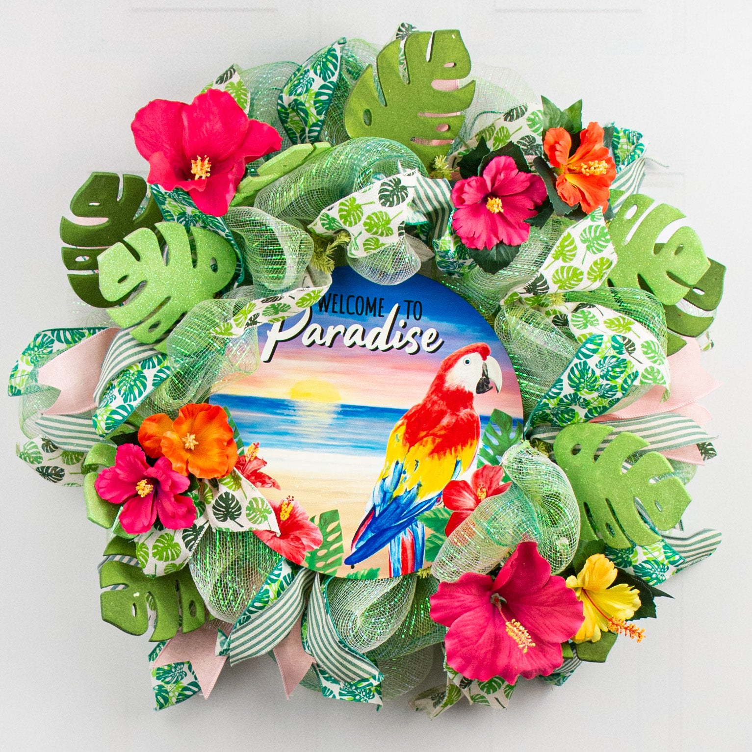 12" Metal Sign: Welcome To Paradise Parrot Lifestyle Photo