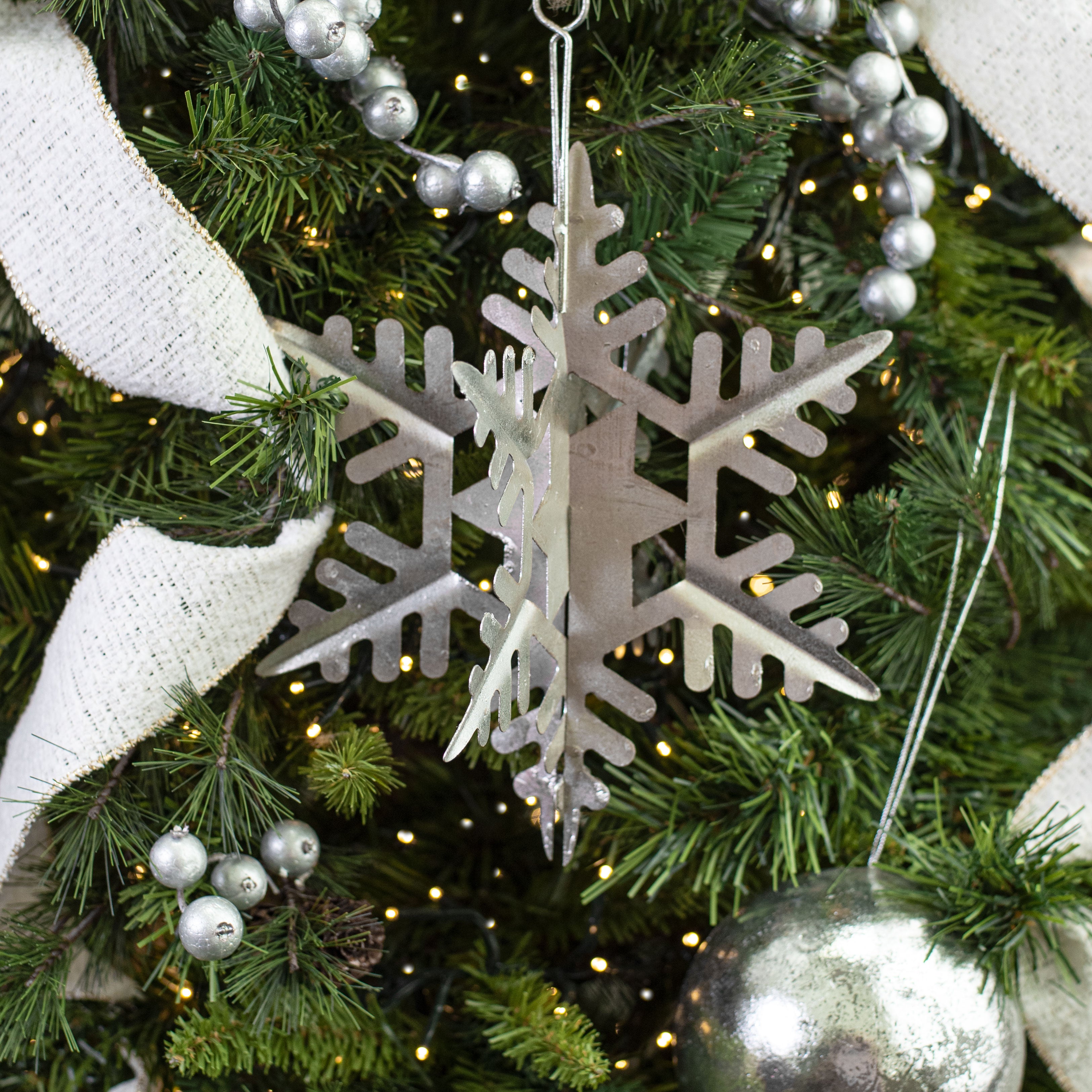 8" Metal 3D Snowflake Ornament: Antique Silver Leaf Lifestyle Photo