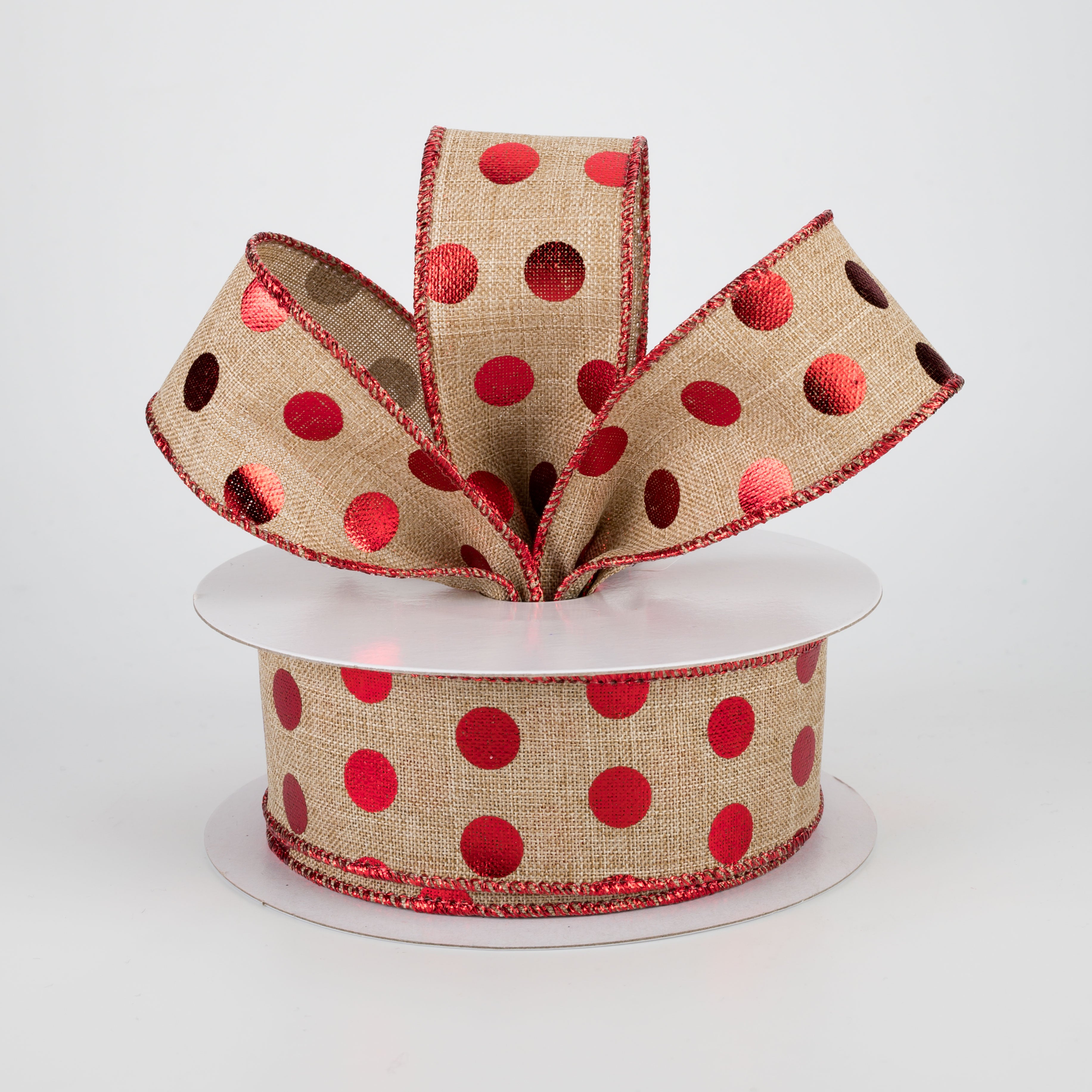1.5" Metallic Dots Ribbon: Beige & Red (10 Yards) Lifestyle Photo