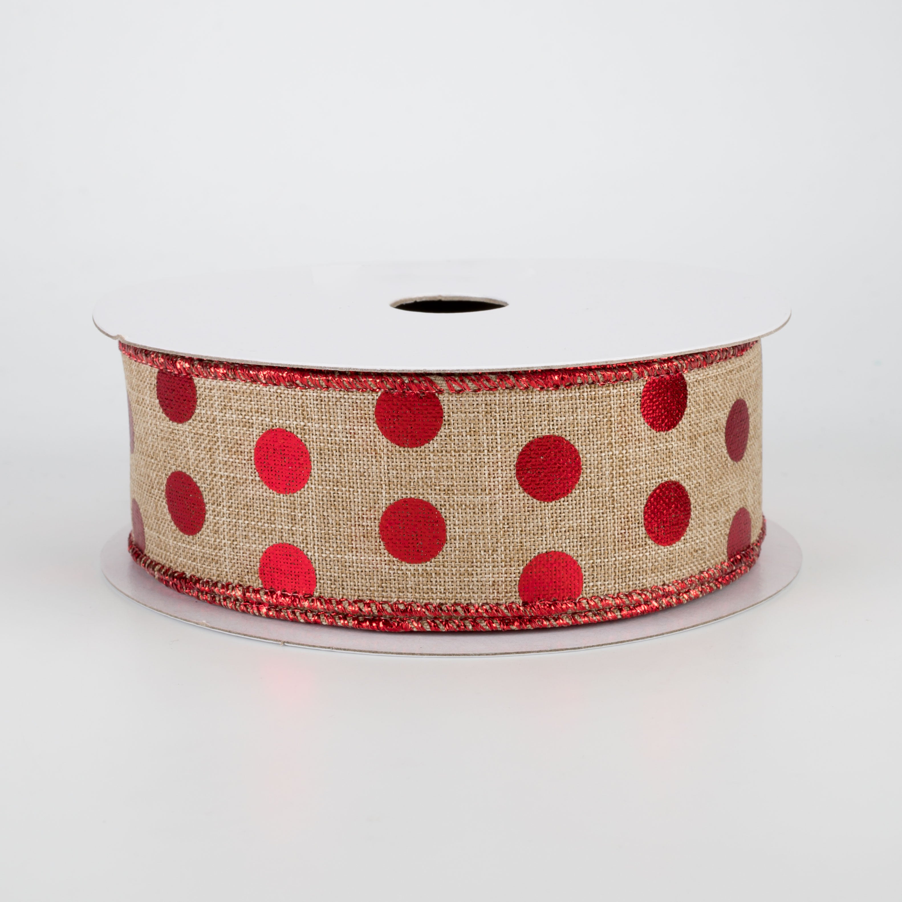 1.5" Metallic Dots Ribbon: Beige & Red (10 Yards)