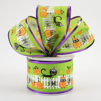 2.5" Metallic Edge Halloween Cat Fence Ribbon: Lime Green (10 Yards) Lifestyle Photo