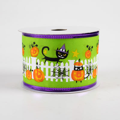 2.5" Metallic Edge Halloween Cat Fence Ribbon: Lime Green (10 Yards)