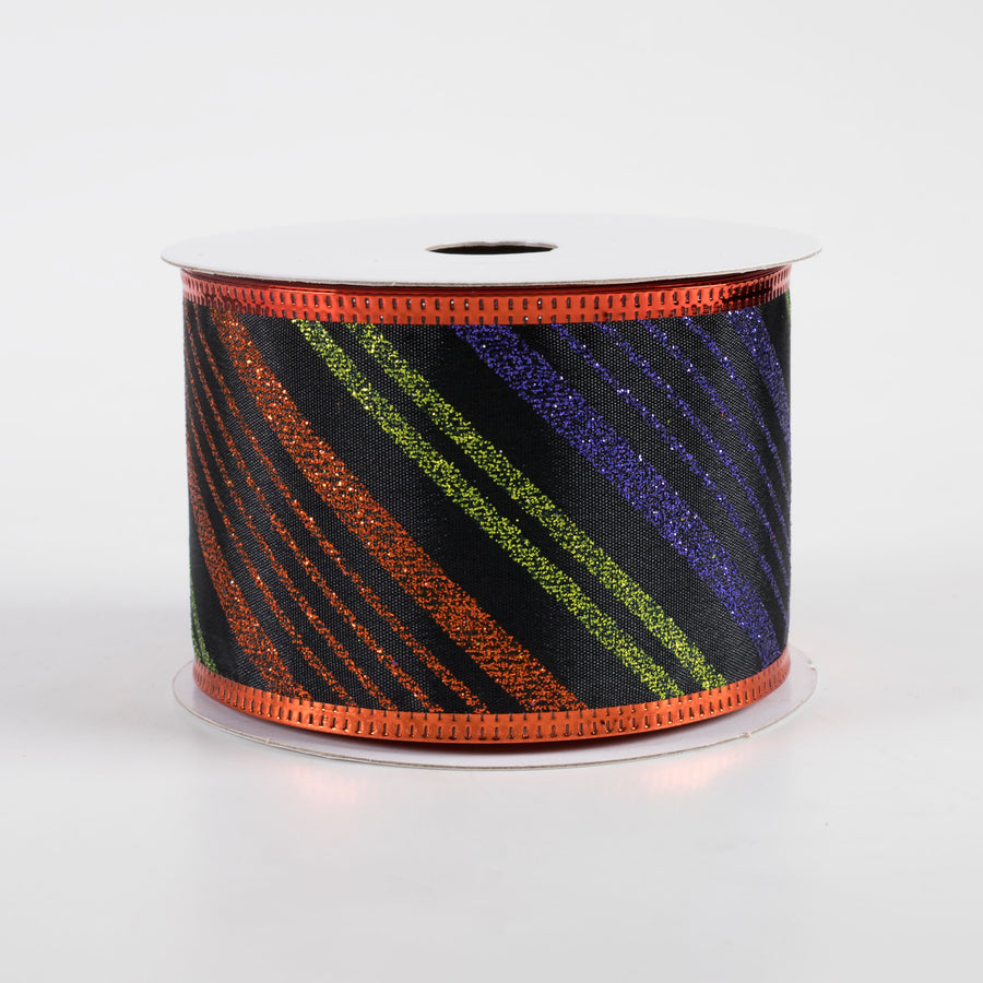 2.5" Metallic Edge Halloween Glitter Diagonal Stripes Ribbon (10 Yards)