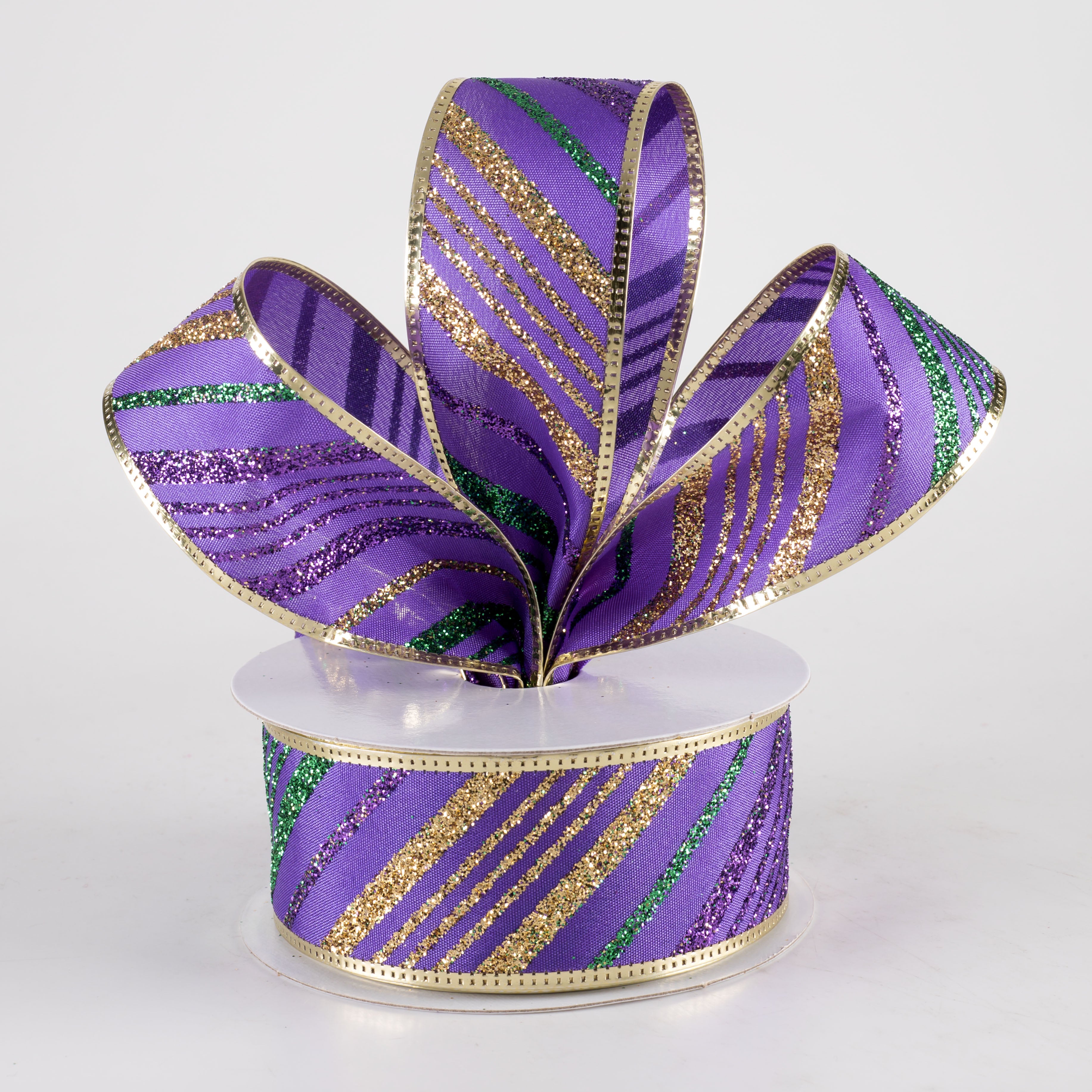 1.5" Metallic Edge Mardi Gras Glitter Diagonal Stripes Ribbon (10 Yards) Lifestyle Photo