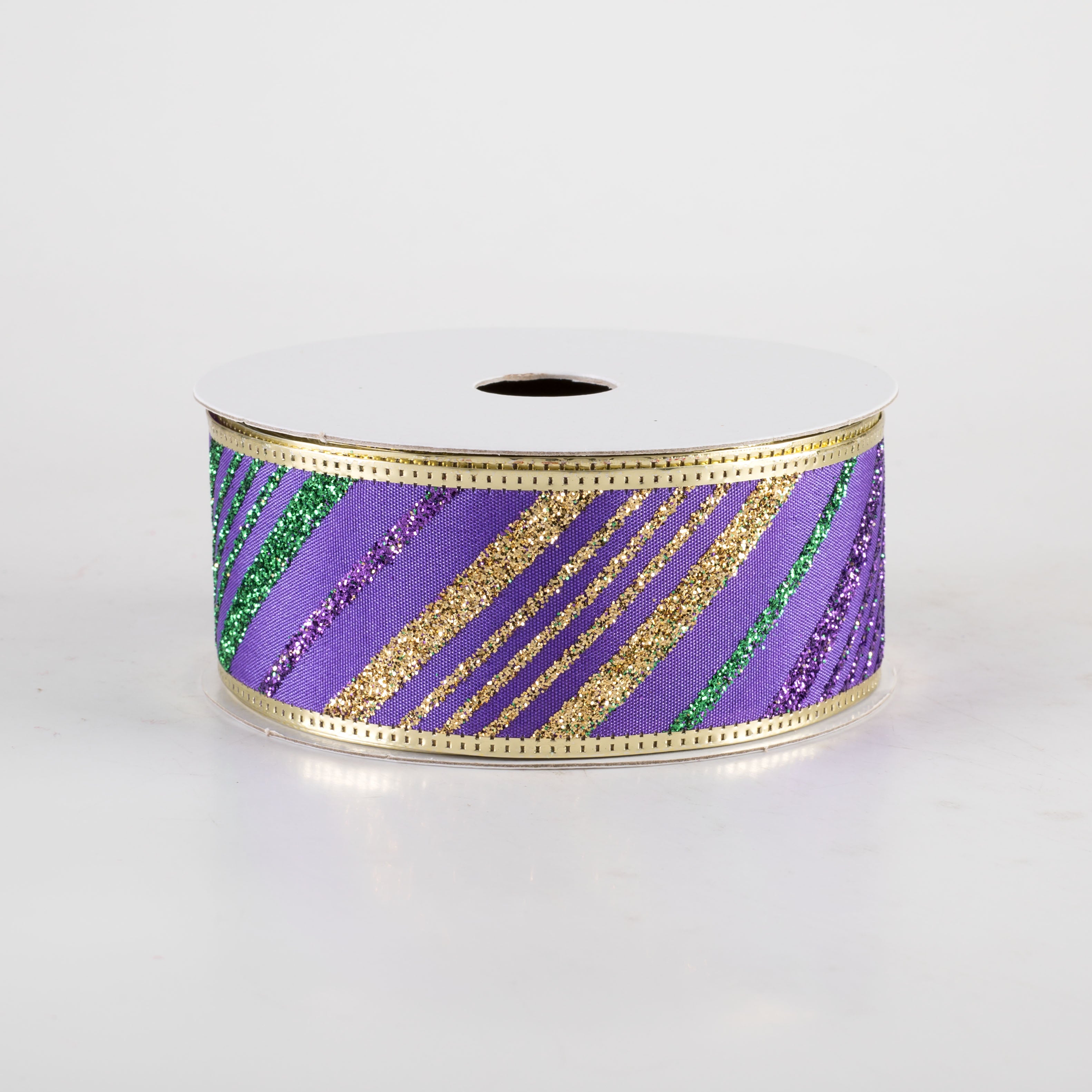 1.5" Metallic Edge Mardi Gras Glitter Diagonal Stripes Ribbon (10 Yards) Item Number: 76465-09-11