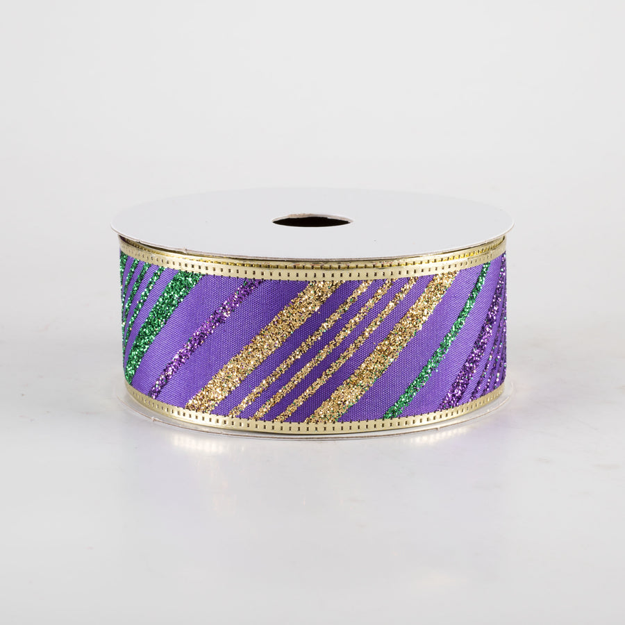 1.5" Metallic Edge Mardi Gras Glitter Diagonal Stripes Ribbon (10 Yards) Item Number: 76465-09-11
