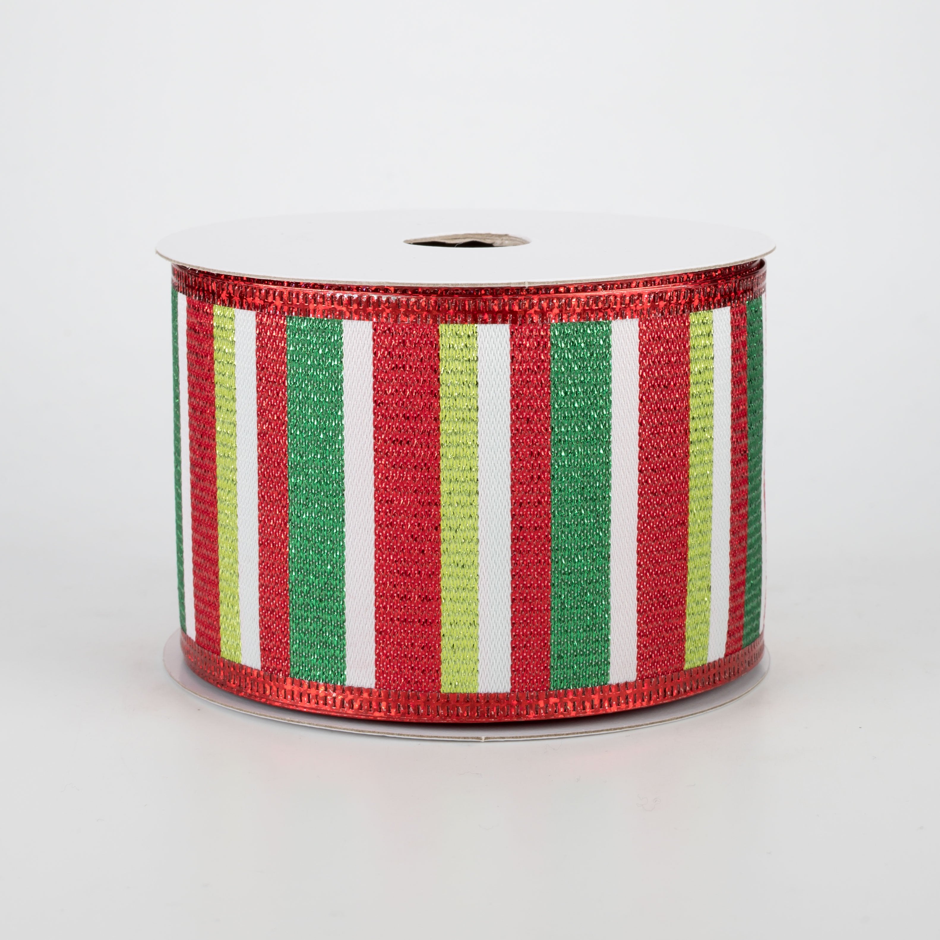 2.5" Metallic Edge Striped Ribbon: White, Green, Red (10 Yards)