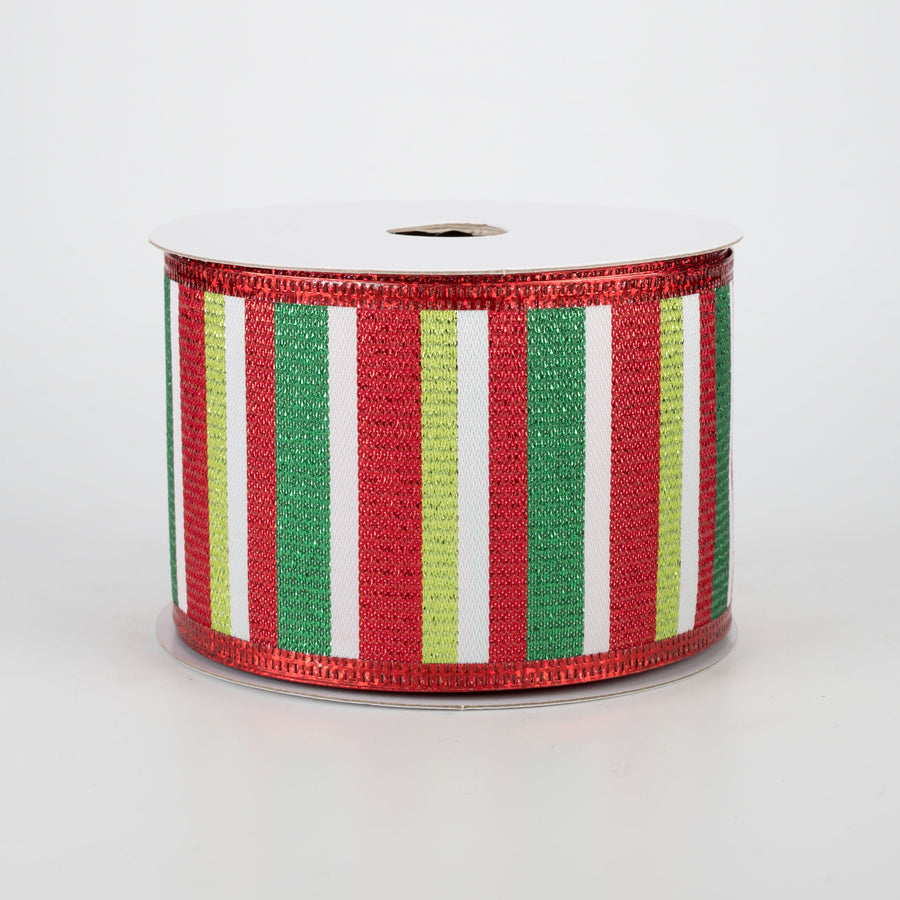 2.5" Metallic Edge Striped Ribbon: White, Green, Red (10 Yards)