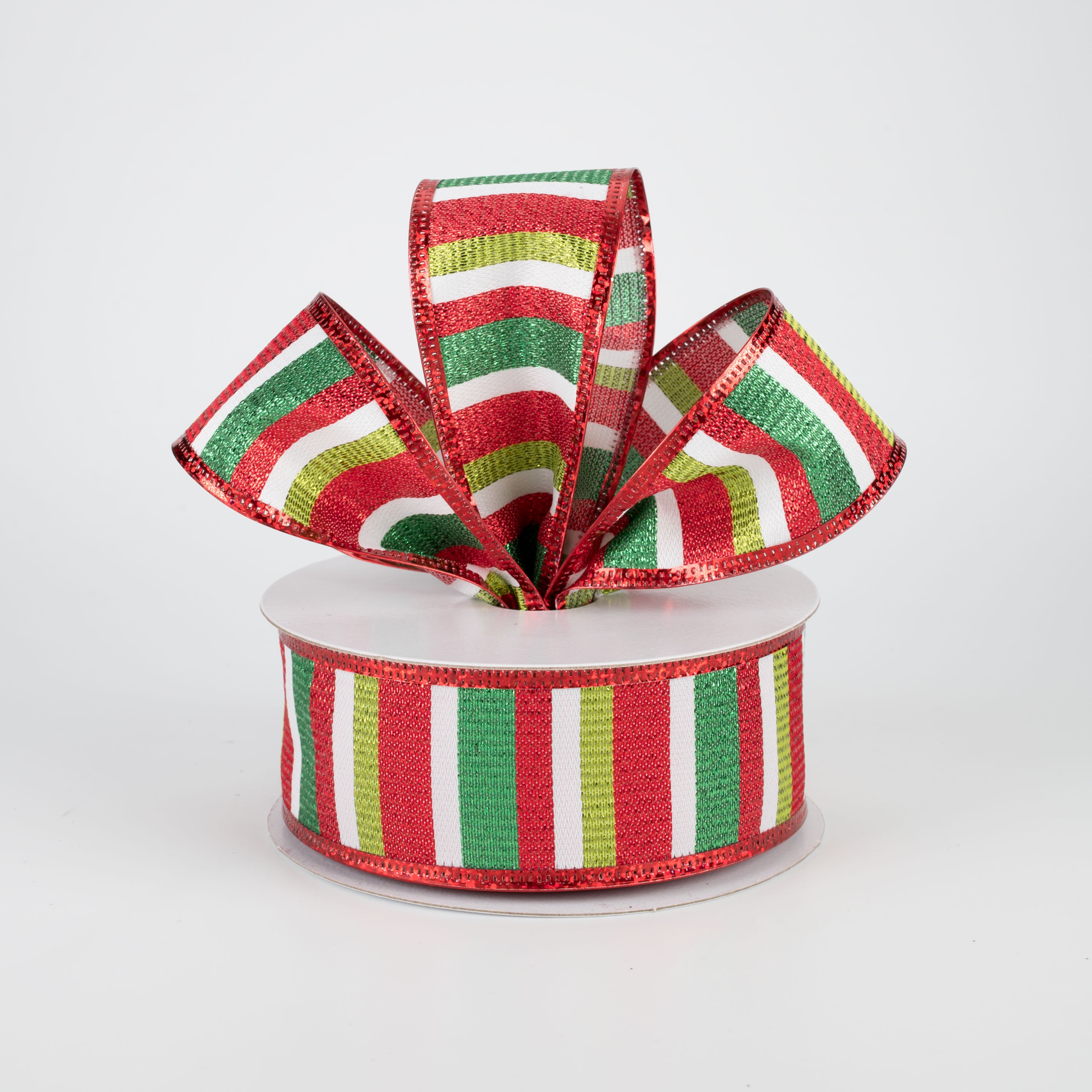 1.5" Metallic Edge Striped Ribbon: White, Green, Red (10 Yards) Lifestyle Photo