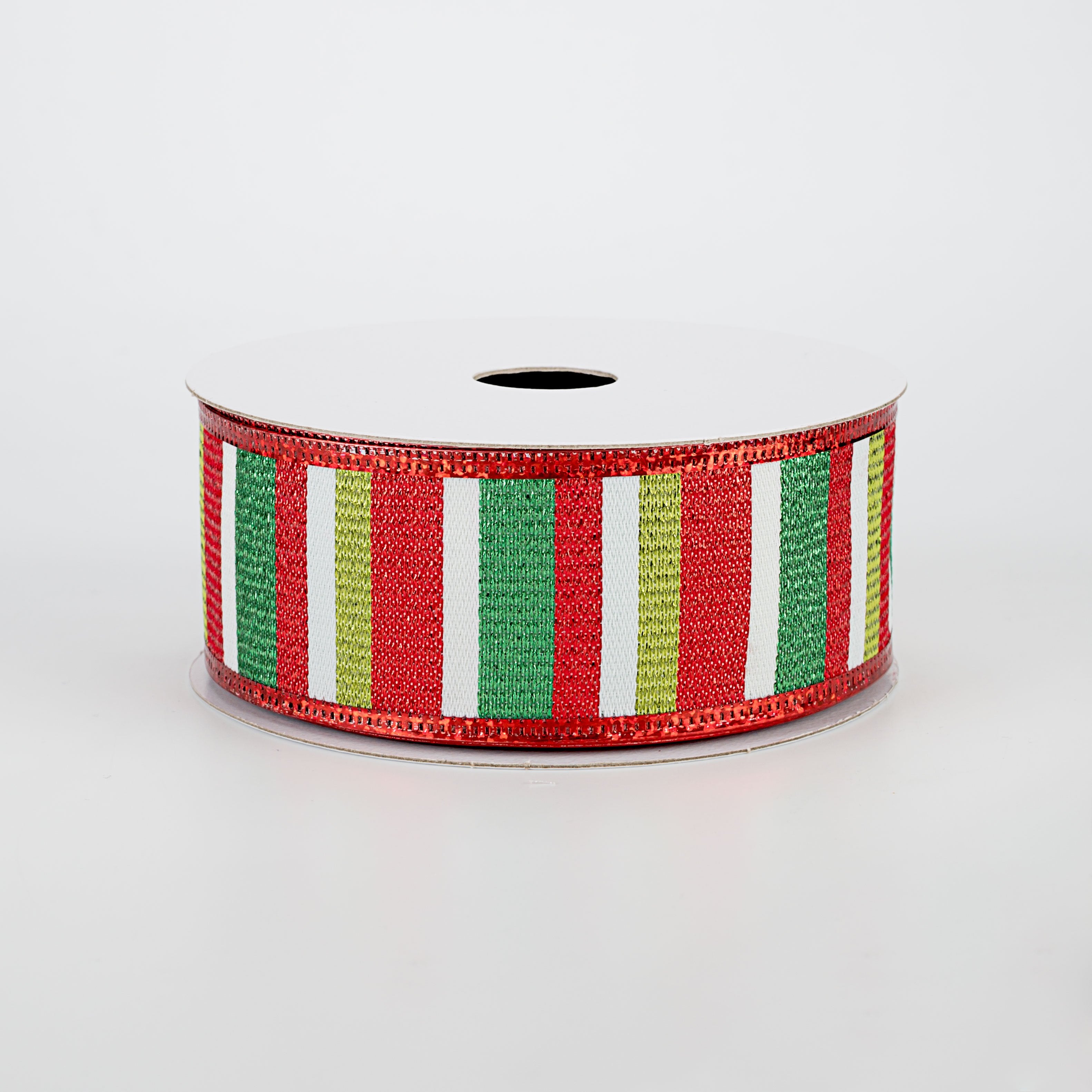 1.5" Metallic Edge Striped Ribbon: White, Green, Red (10 Yards)