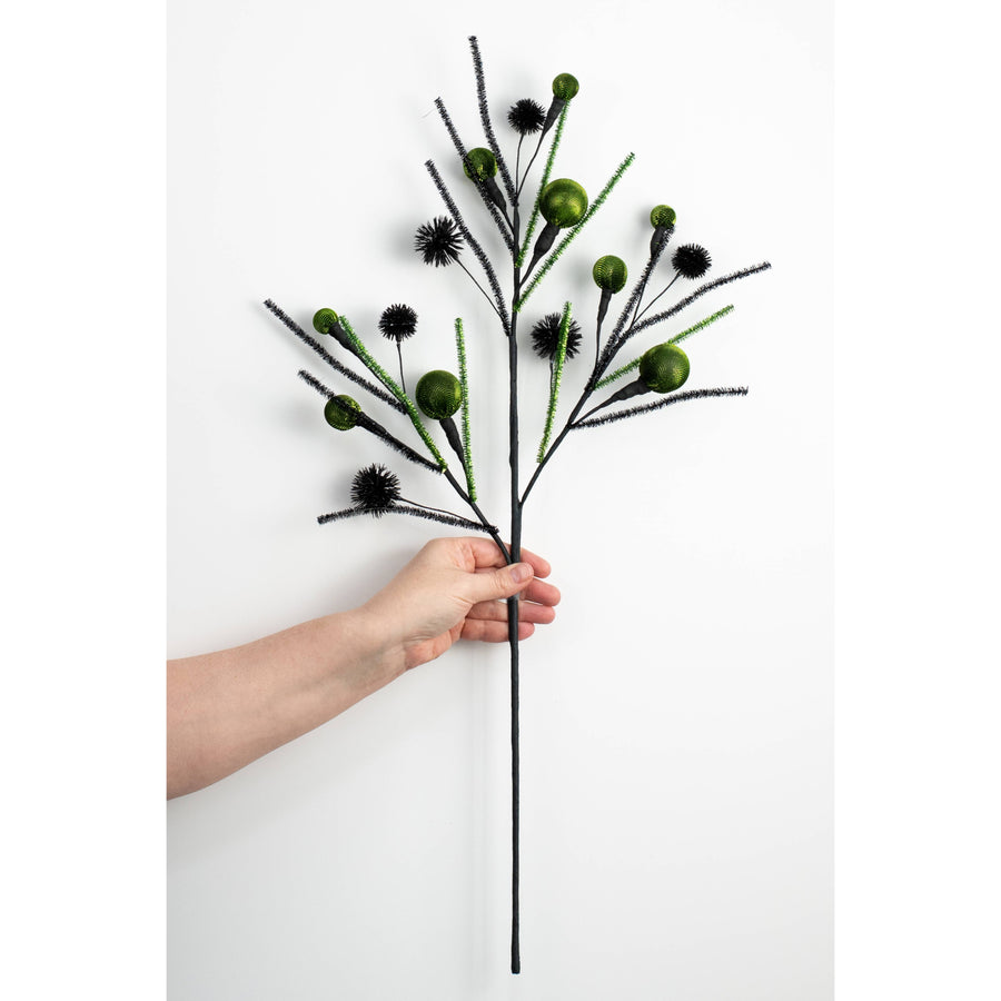 27" Metallic Fabric Ball & Thistle Spray: Lime Green & Black detail photo 3