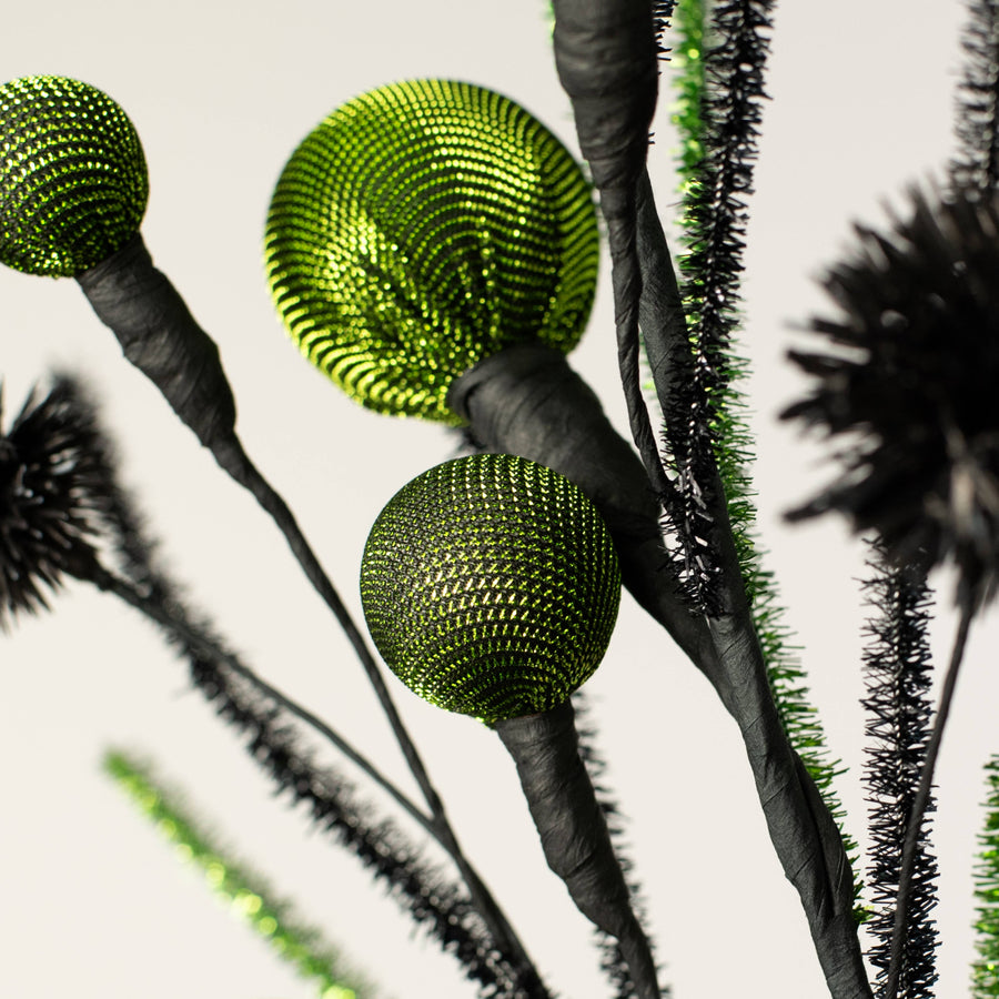 27" Metallic Fabric Ball & Thistle Spray: Lime Green & Black detail photo 4