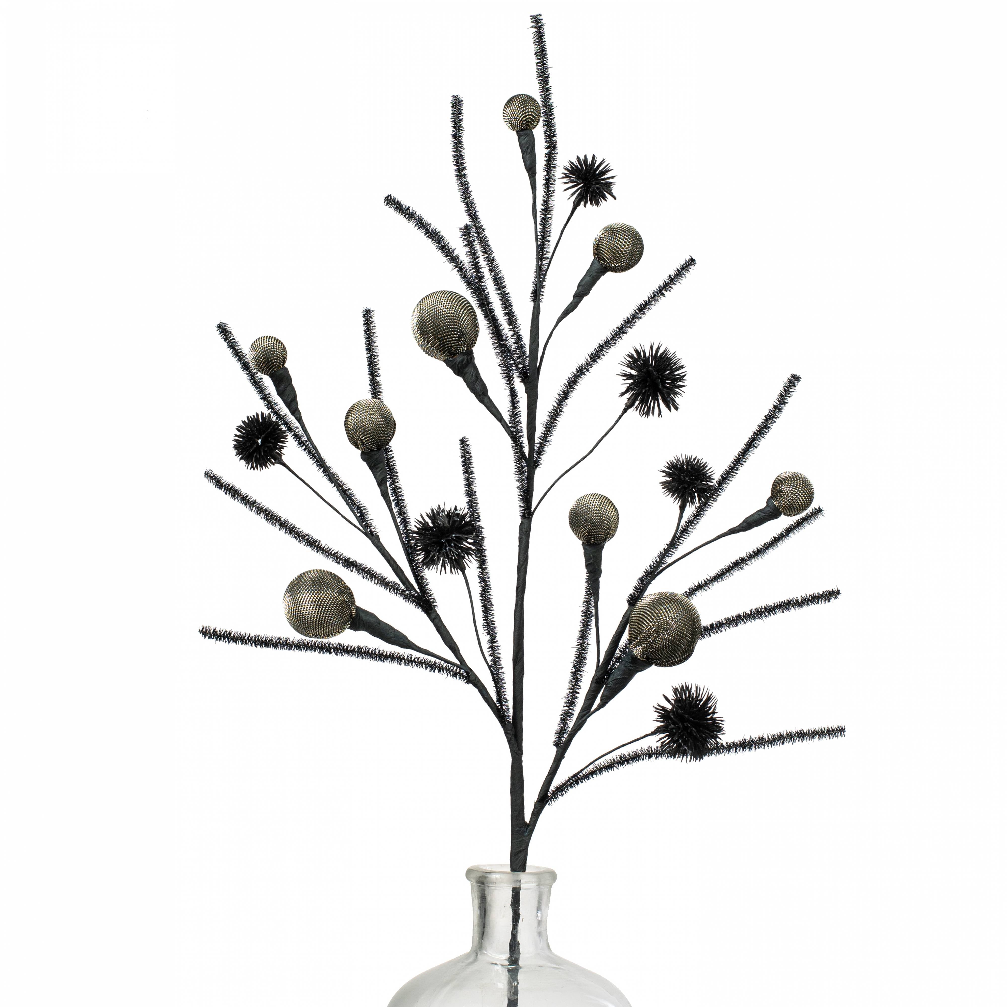 27" Metallic Fabric Ball & Thistle Spray: Silver & Black Item Number: HH133726