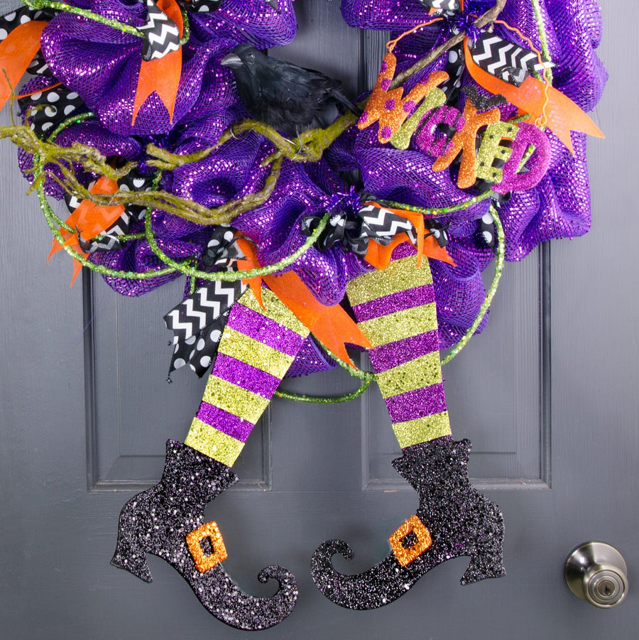 16" Metallic Foam Glittered Witch Leg Pair: Purple & Green Lifestyle Photo