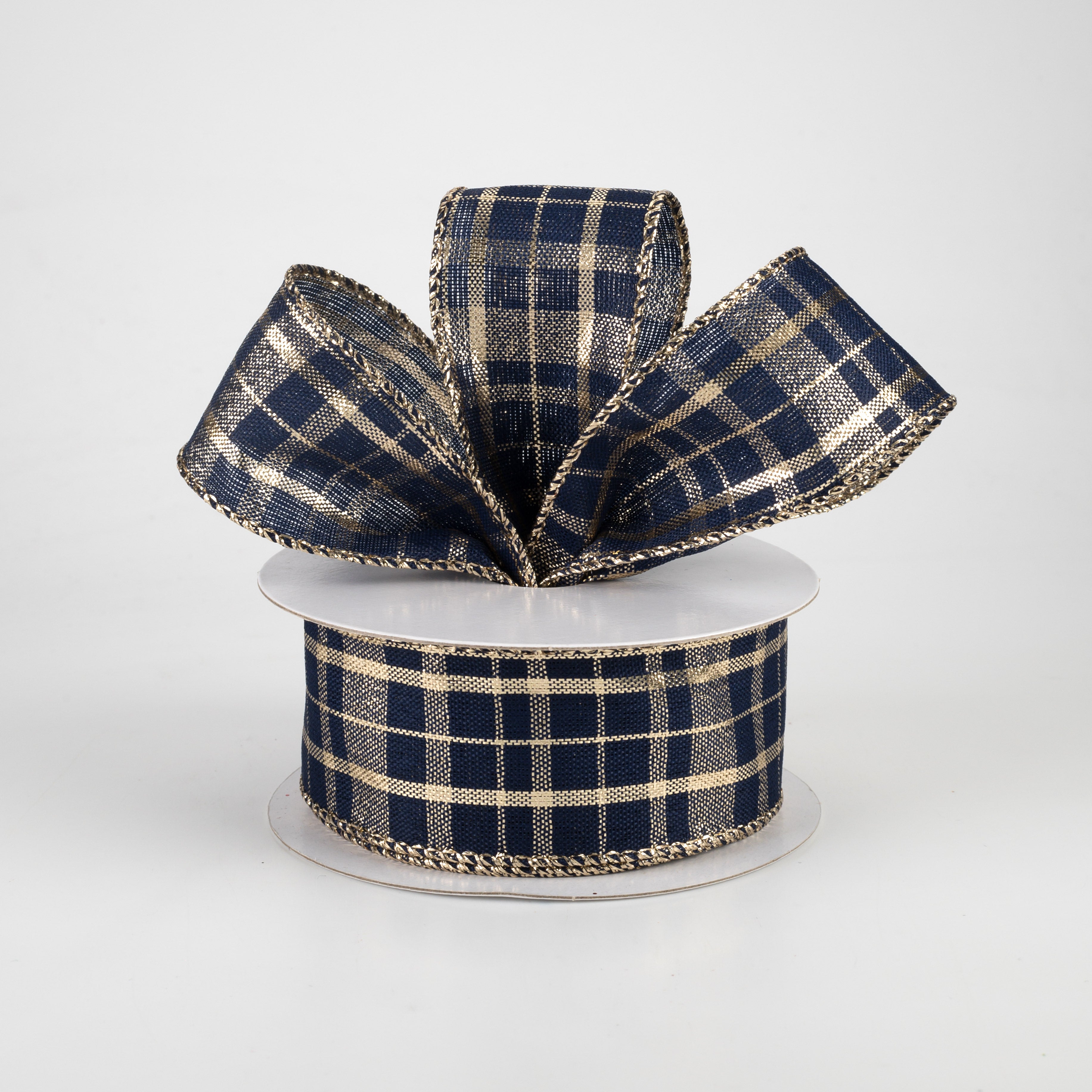 1.5" Metallic Gina Plaid Ribbon: Gold & Navy (10 Yards) Lifestyle Photo