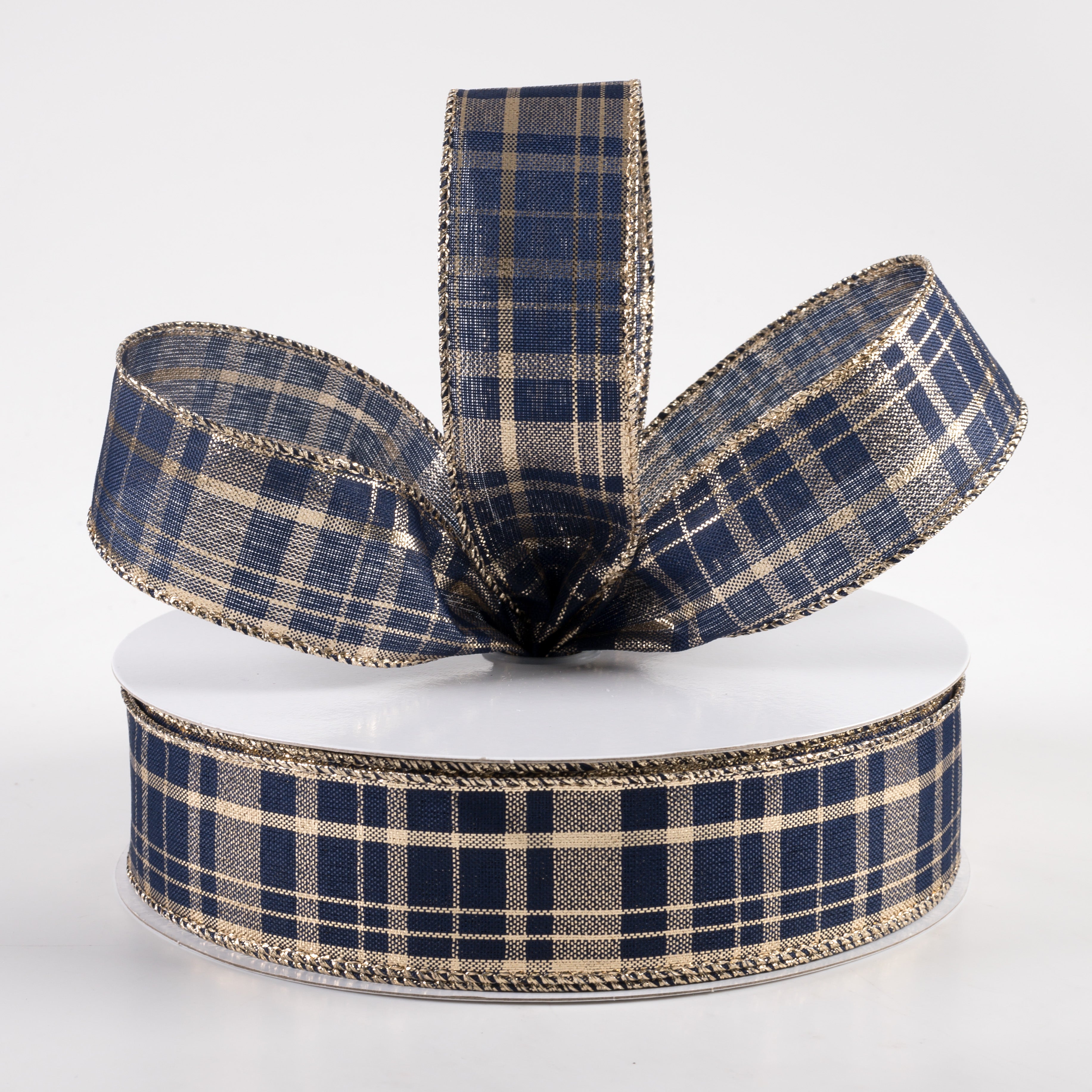 1.5" Metallic Gina Plaid Ribbon: Gold & Navy (50 Yards) Lifestyle Photo