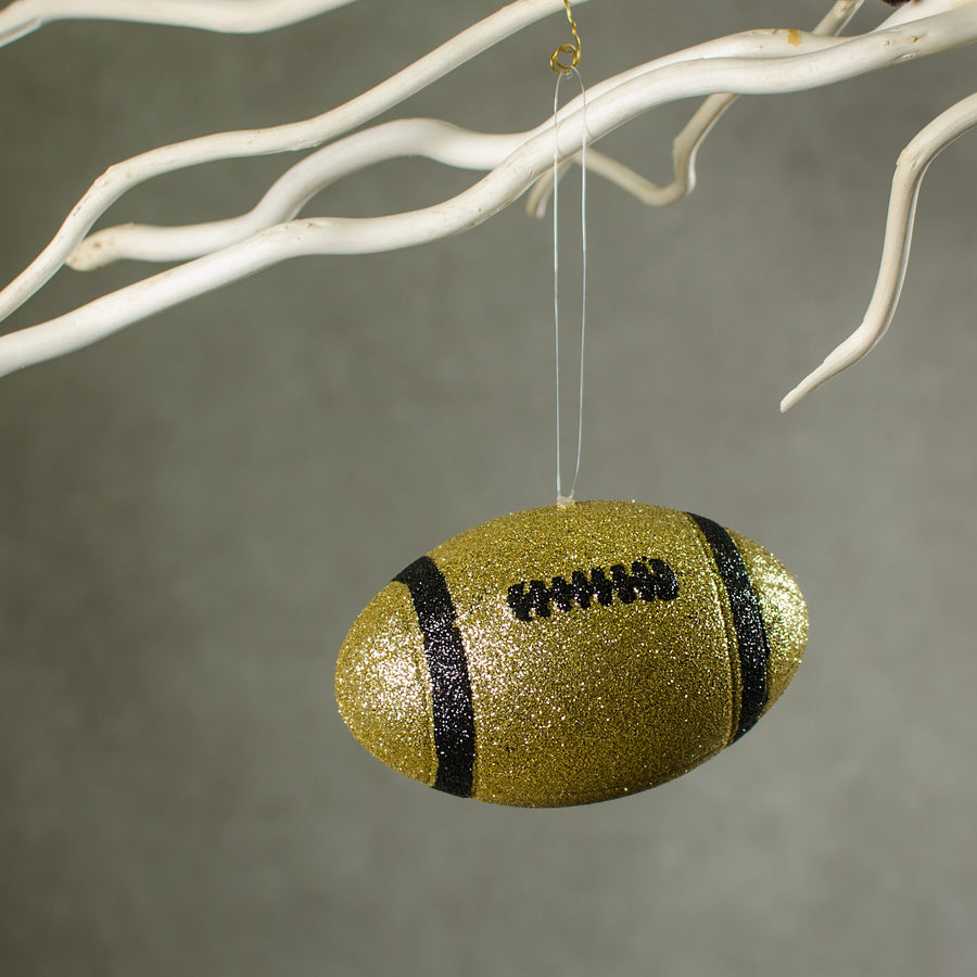 4.5" Metallic Glitter Football Ornament: Gold & Black Lifestyle Photo