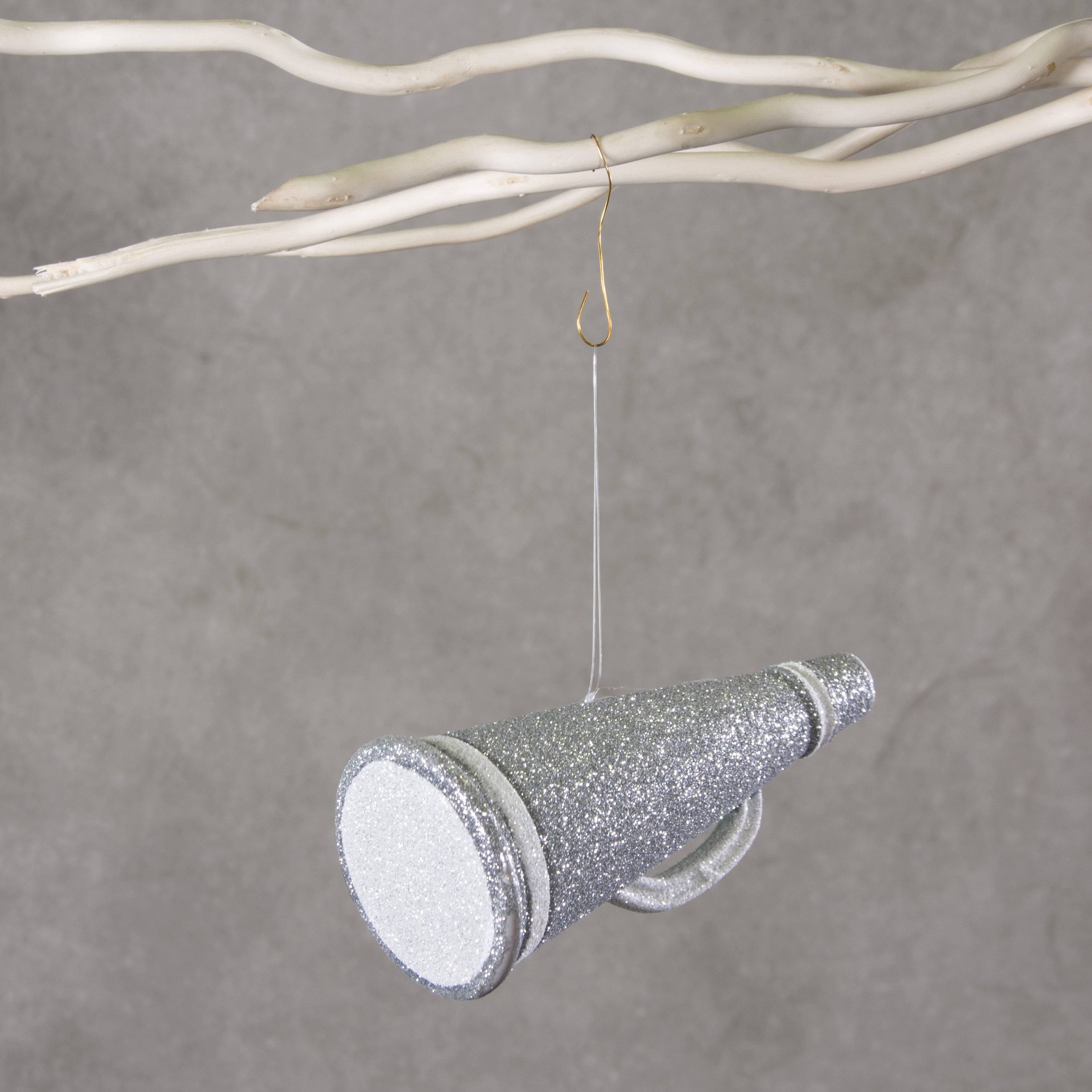 6" Metallic Glitter Megaphone Ornament: Silver & White Lifestyle Photo