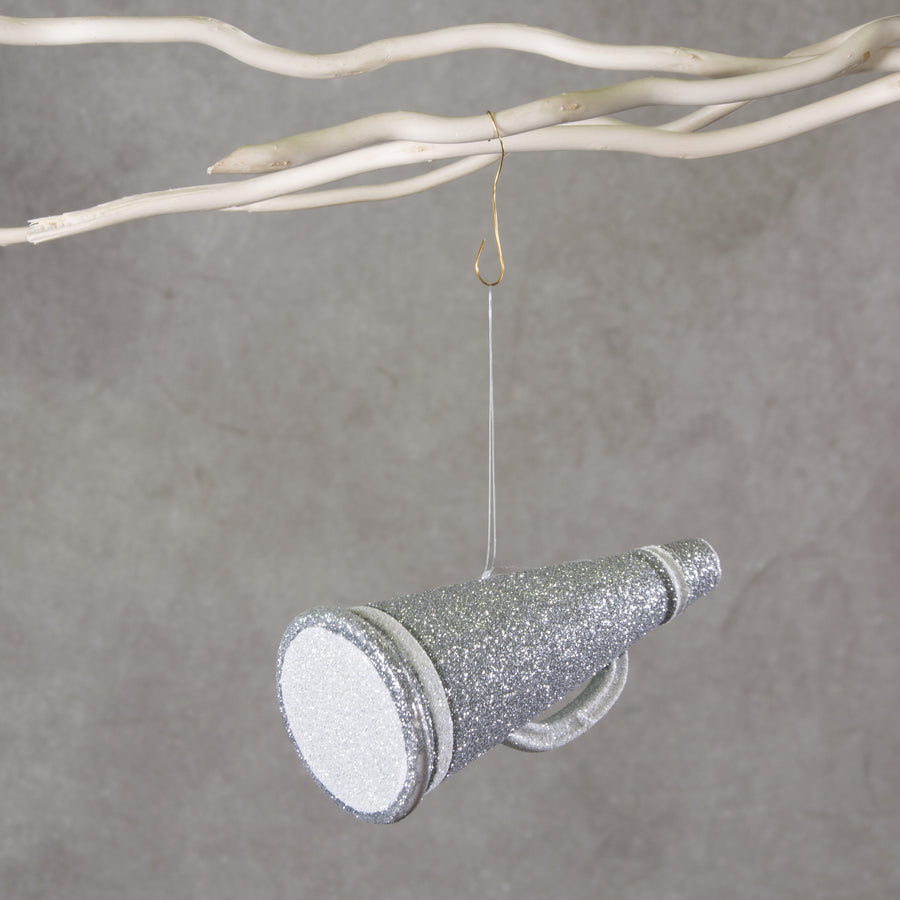6" Metallic Glitter Megaphone Ornament: Silver & White Lifestyle Photo