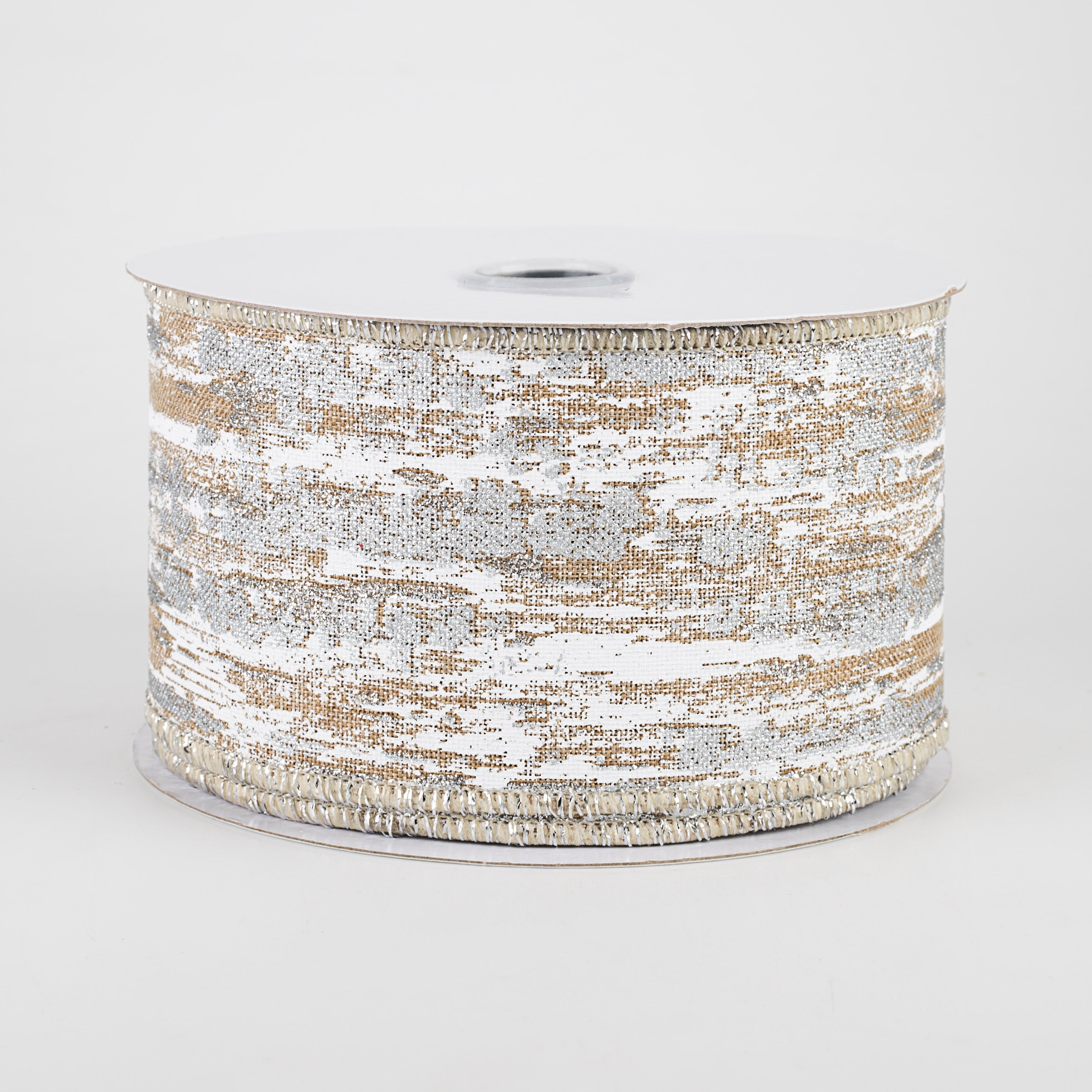 2.5" Metallic Glitter Snow Ribbon: Light Beige, White, Silver (10 Yards)