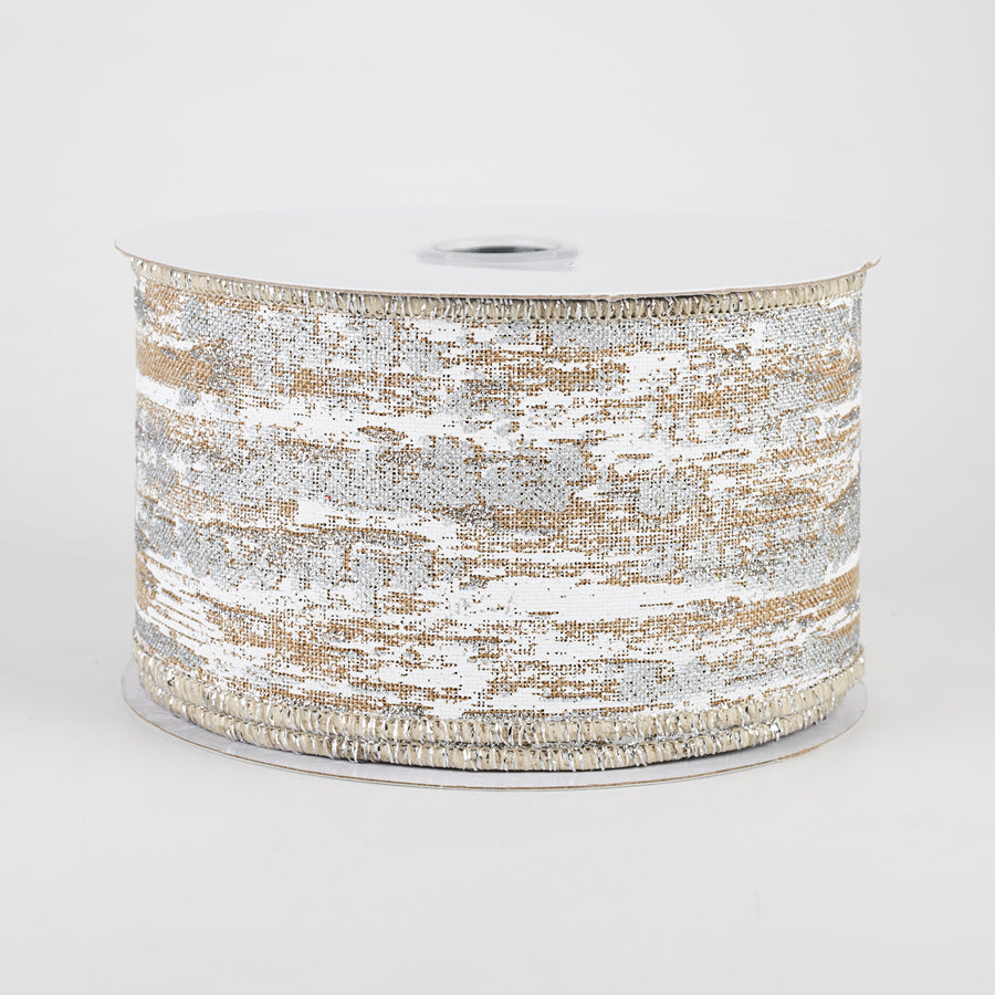 2.5" Metallic Glitter Snow Ribbon: Light Beige, White, Silver (10 Yards)