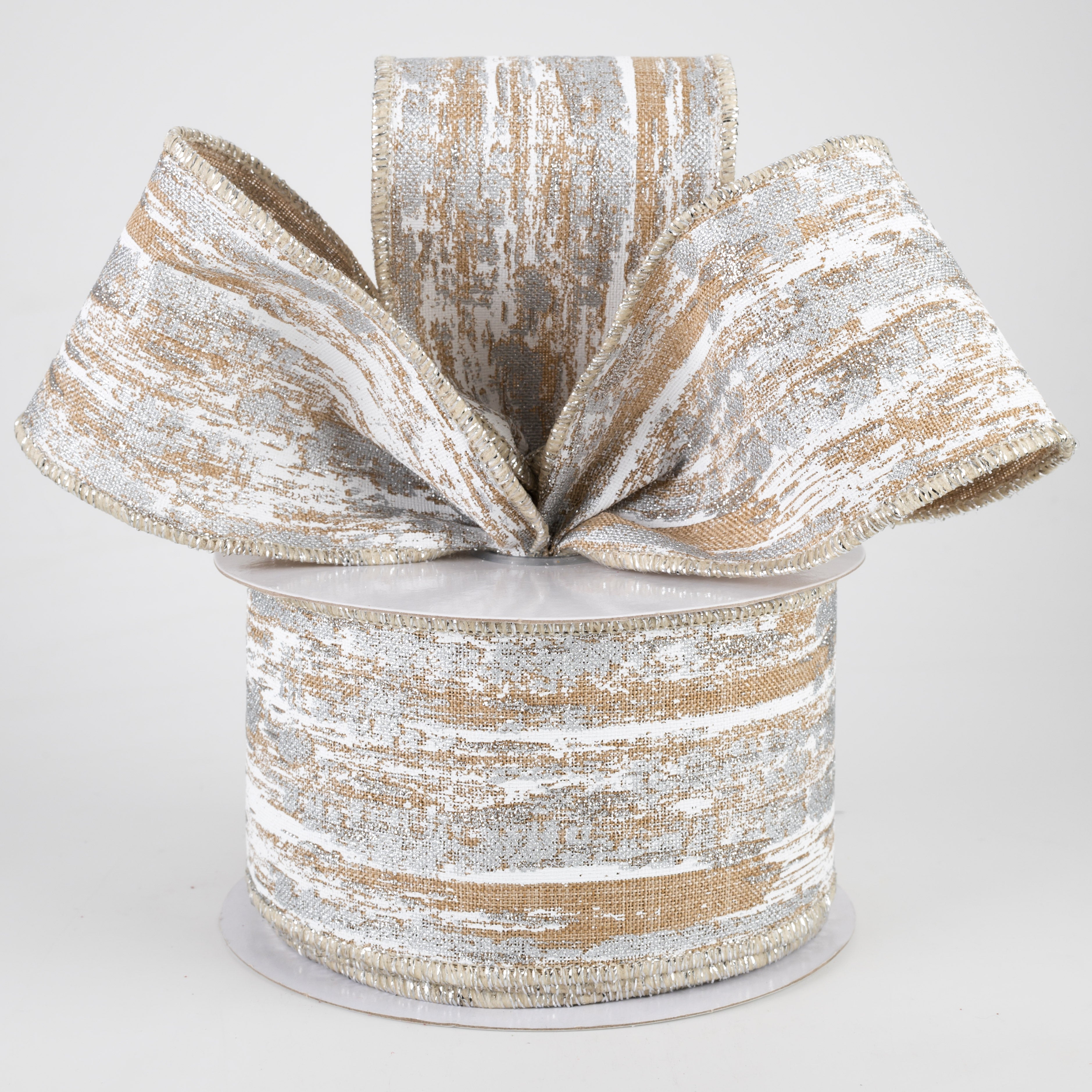 2.5" Metallic Glitter Snow Ribbon: Light Beige, White, Silver (10 Yards) Lifestyle Photo